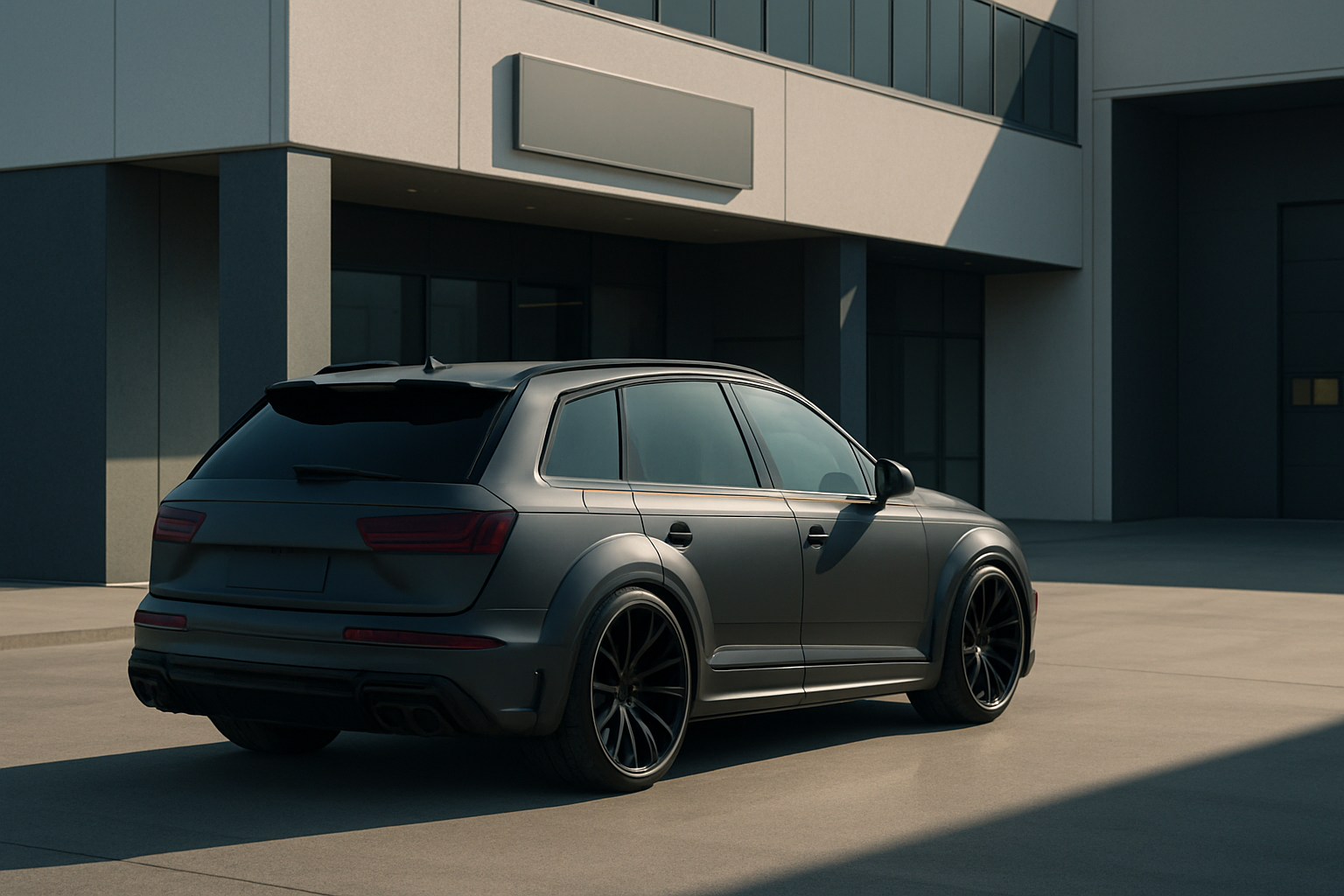 Matte grey SUV with tinted windows and black alloy wheels parked outside a modern, sunlit office building