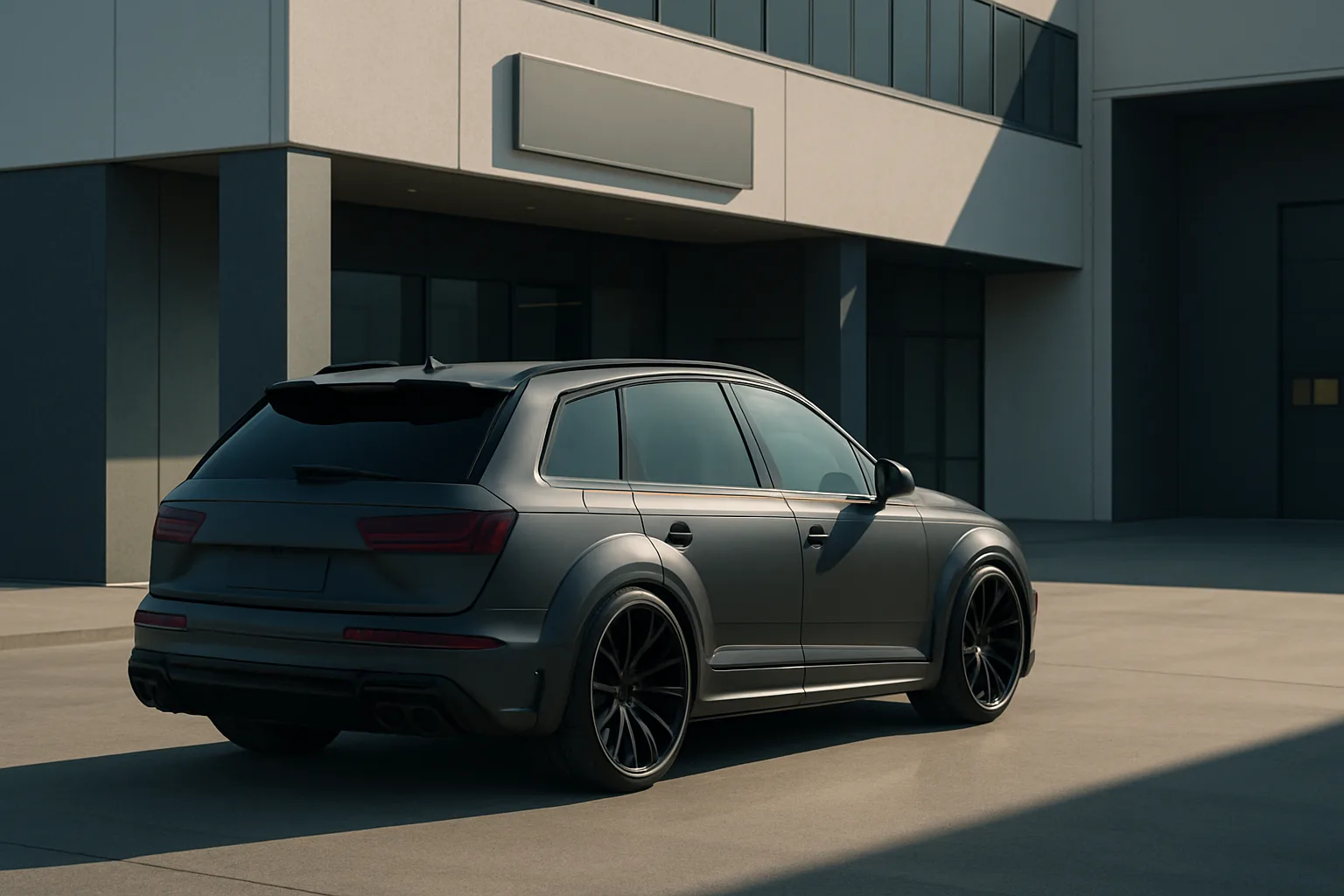 Matte grey SUV with tinted windows and black alloy wheels parked outside a modern, sunlit office building