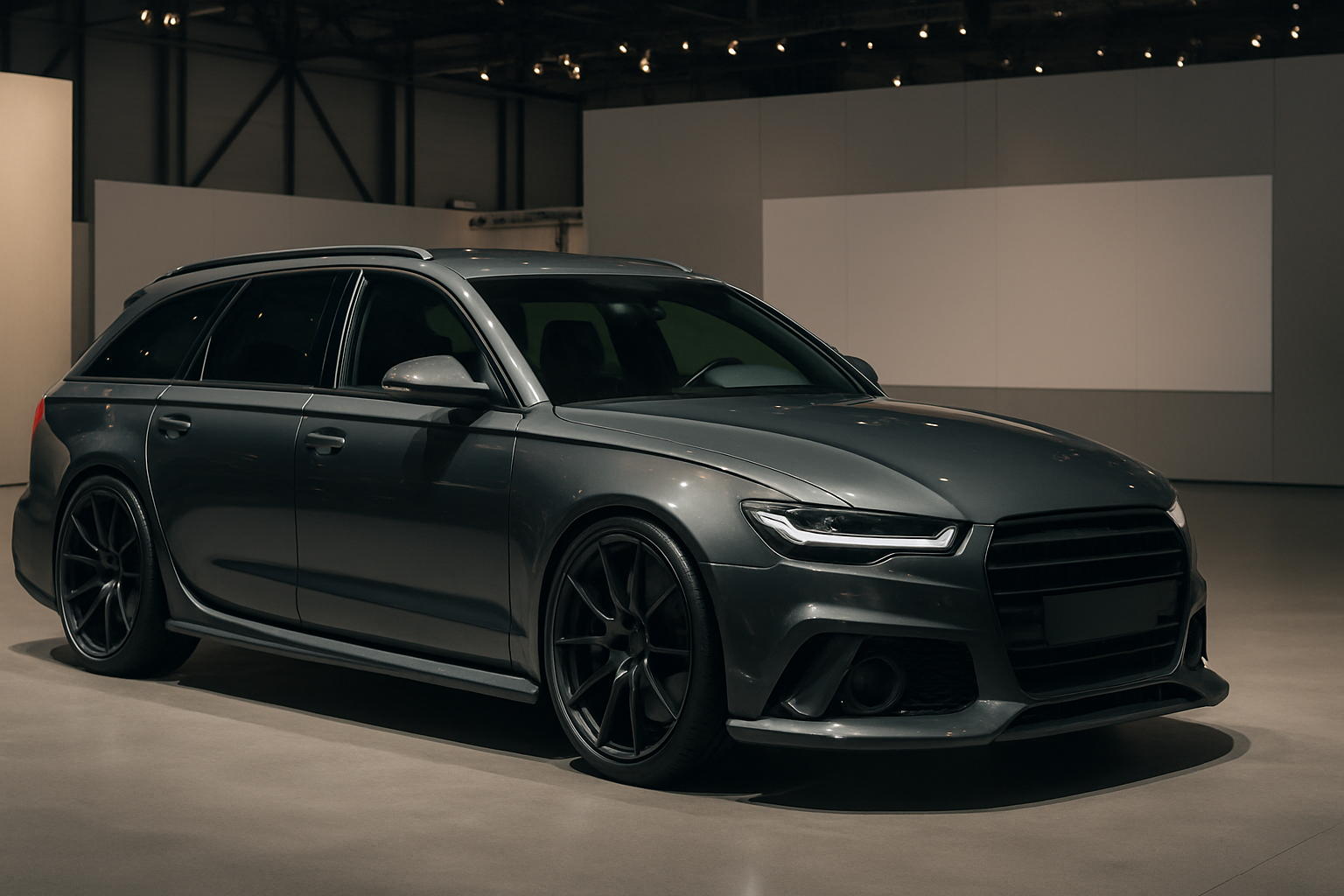 Sleek dark grey estate car with black wheels and carbon accents under bright indoor lighting on a polished concrete floor