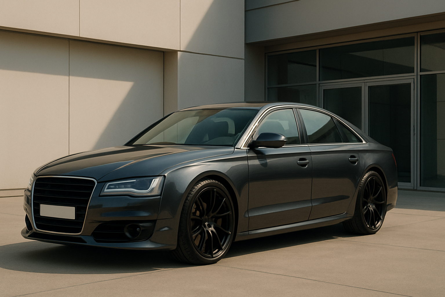 A sleek dark grey sedan with tinted windows and black alloy wheels parked on a sunlit concrete surface near modern architecture