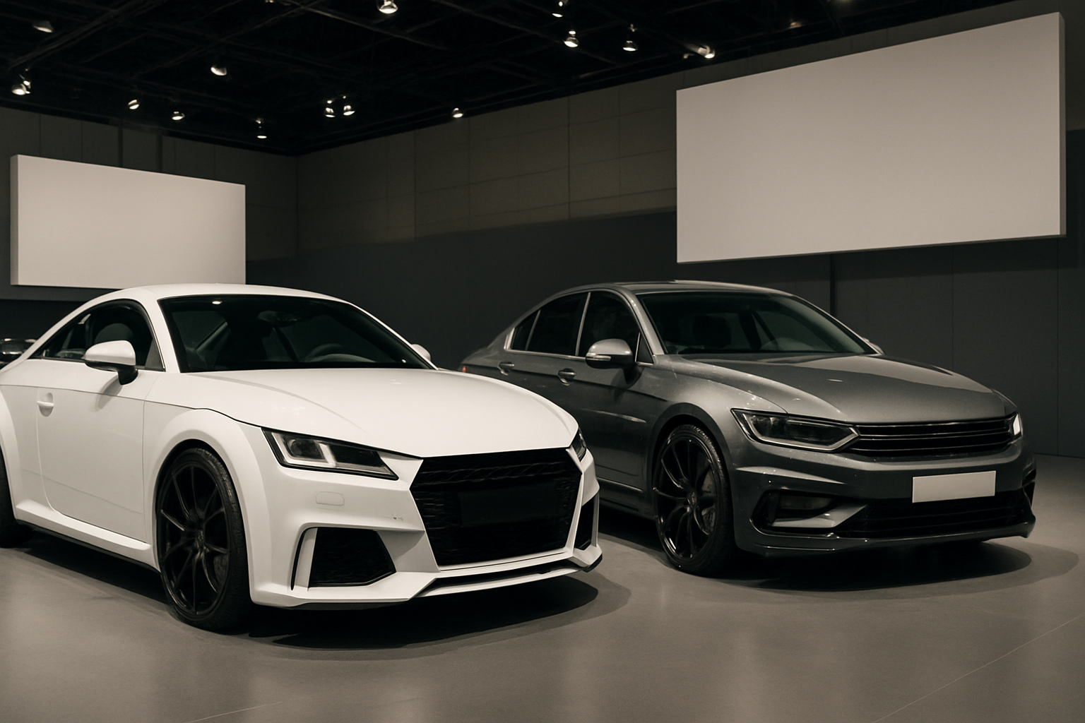 Two sleek cars in matte white and metallic grey finished with black wheels, displayed under soft overhead lighting indoors