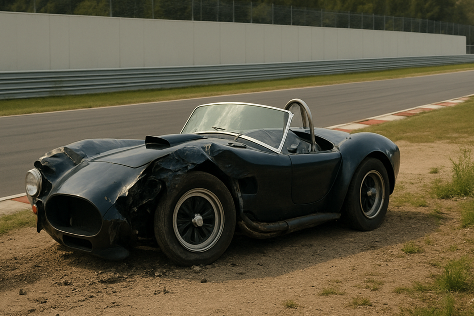 A dark blue open-top car with heavy front-left damage sits on dry grass beside an empty racetrack under cloudy light