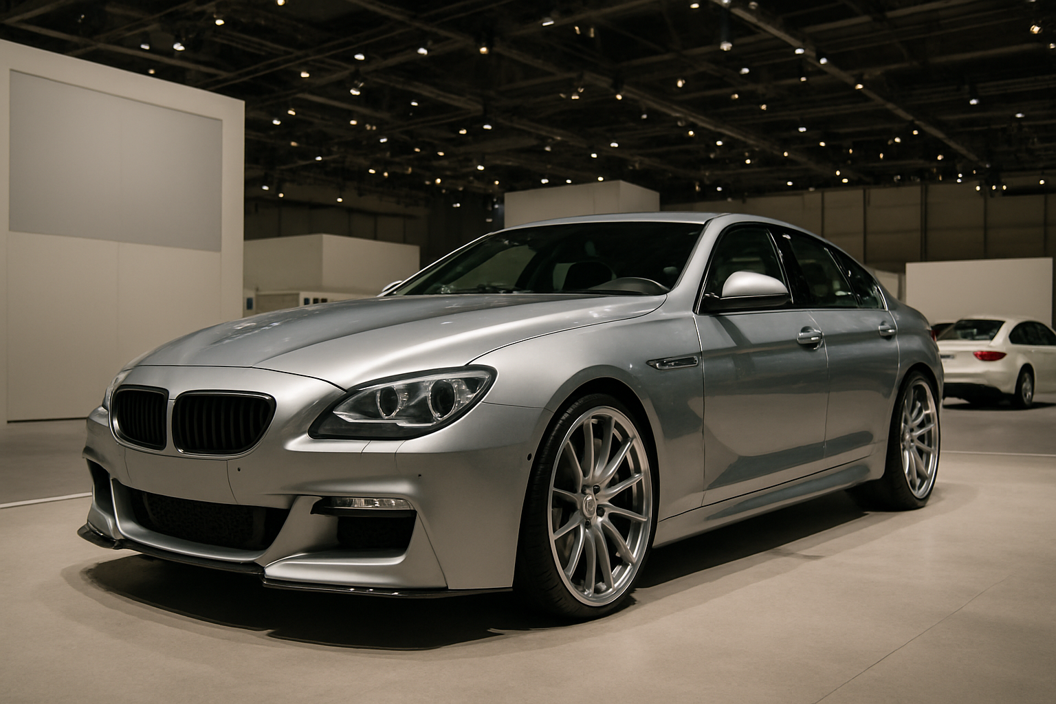 Sleek silver four-door car with large alloy wheels displayed under bright indoor exhibition lighting