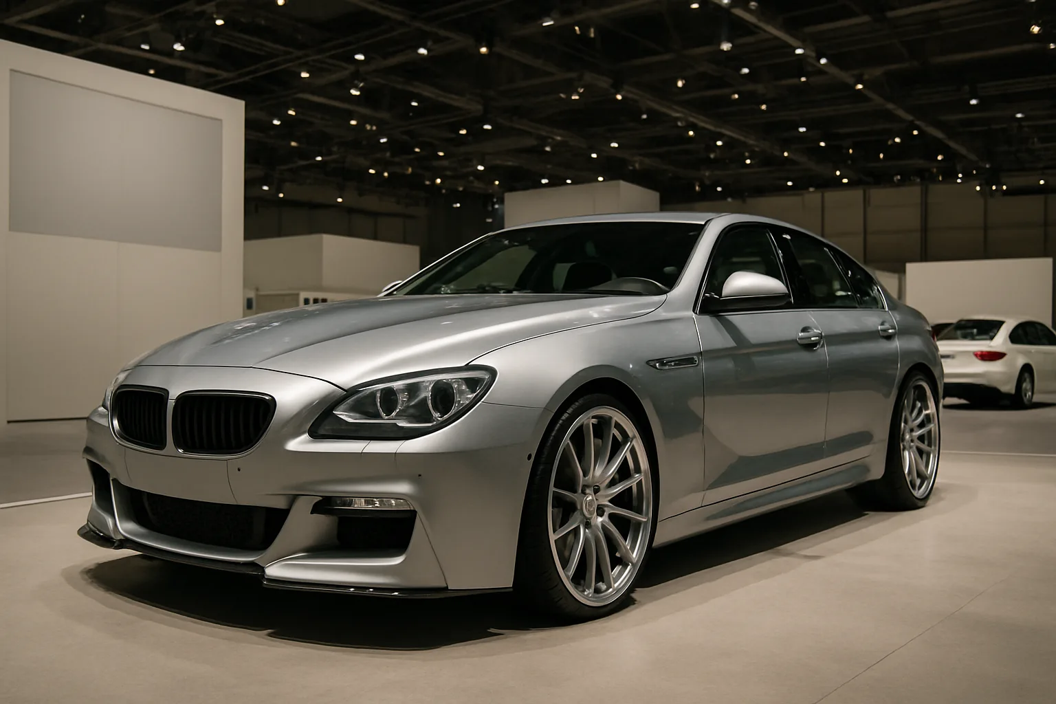Sleek silver four-door car with large alloy wheels displayed under bright indoor exhibition lighting