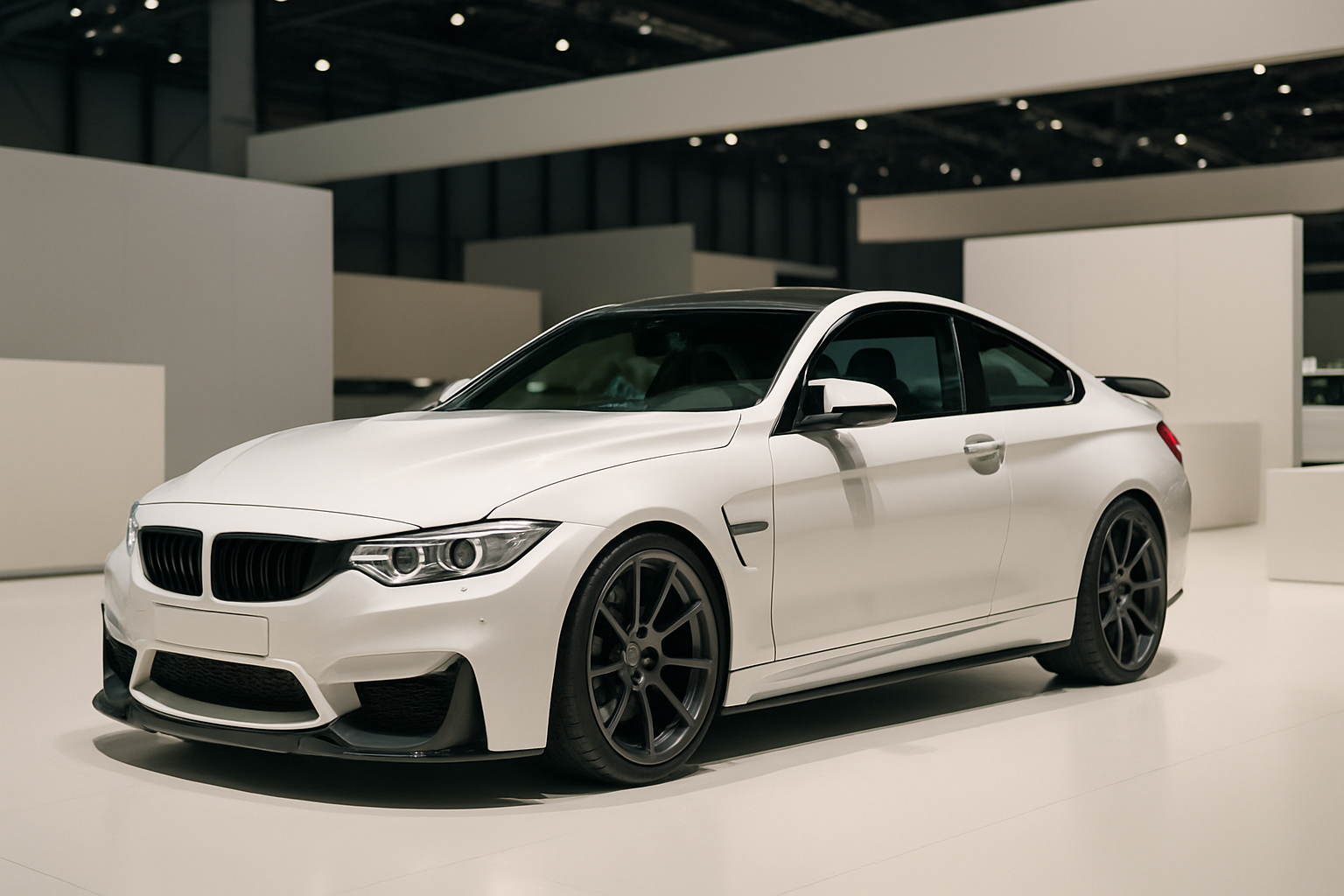 A sleek white sports coupe with dark alloy wheels displayed under bright lights in a minimalist indoor setting