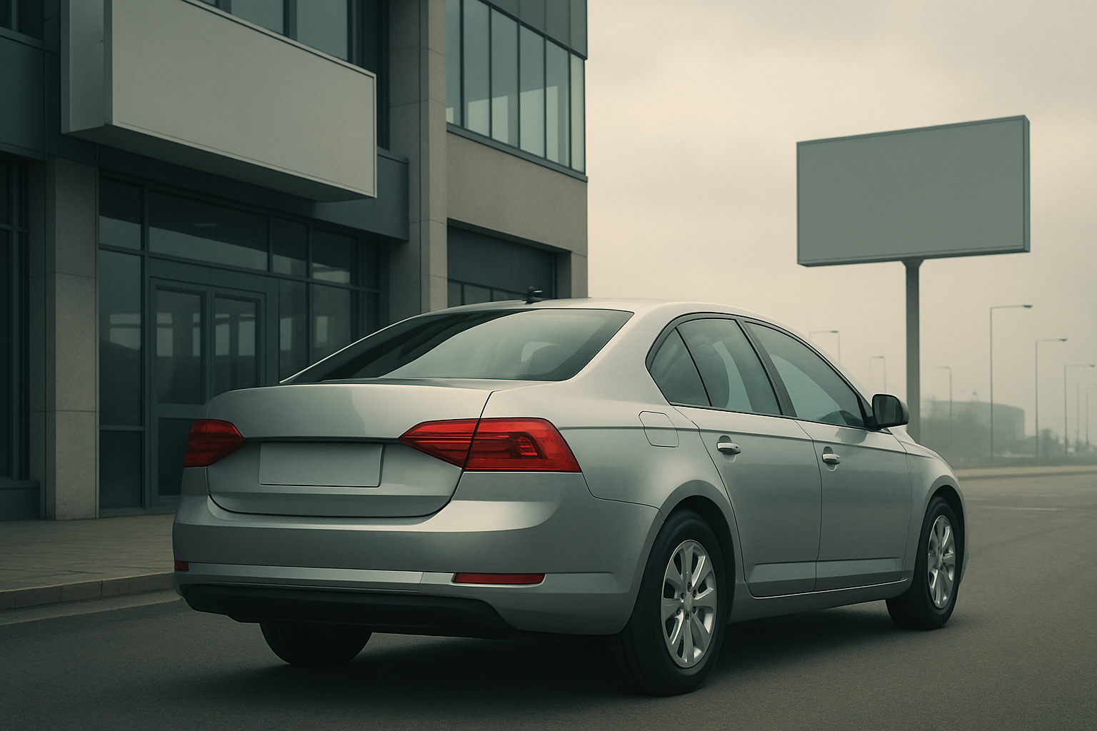 A silver car with blank license plate is parked near a modern glass building under a cloudy, overcast sky