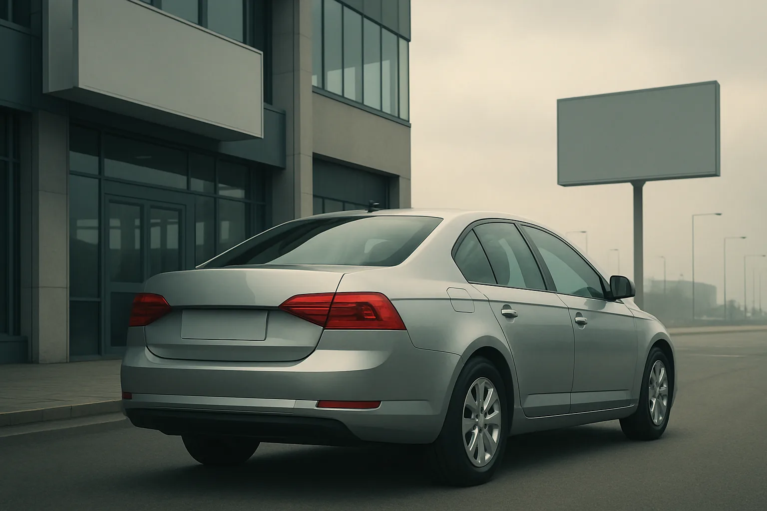 A silver car with blank license plate is parked near a modern glass building under a cloudy, overcast sky