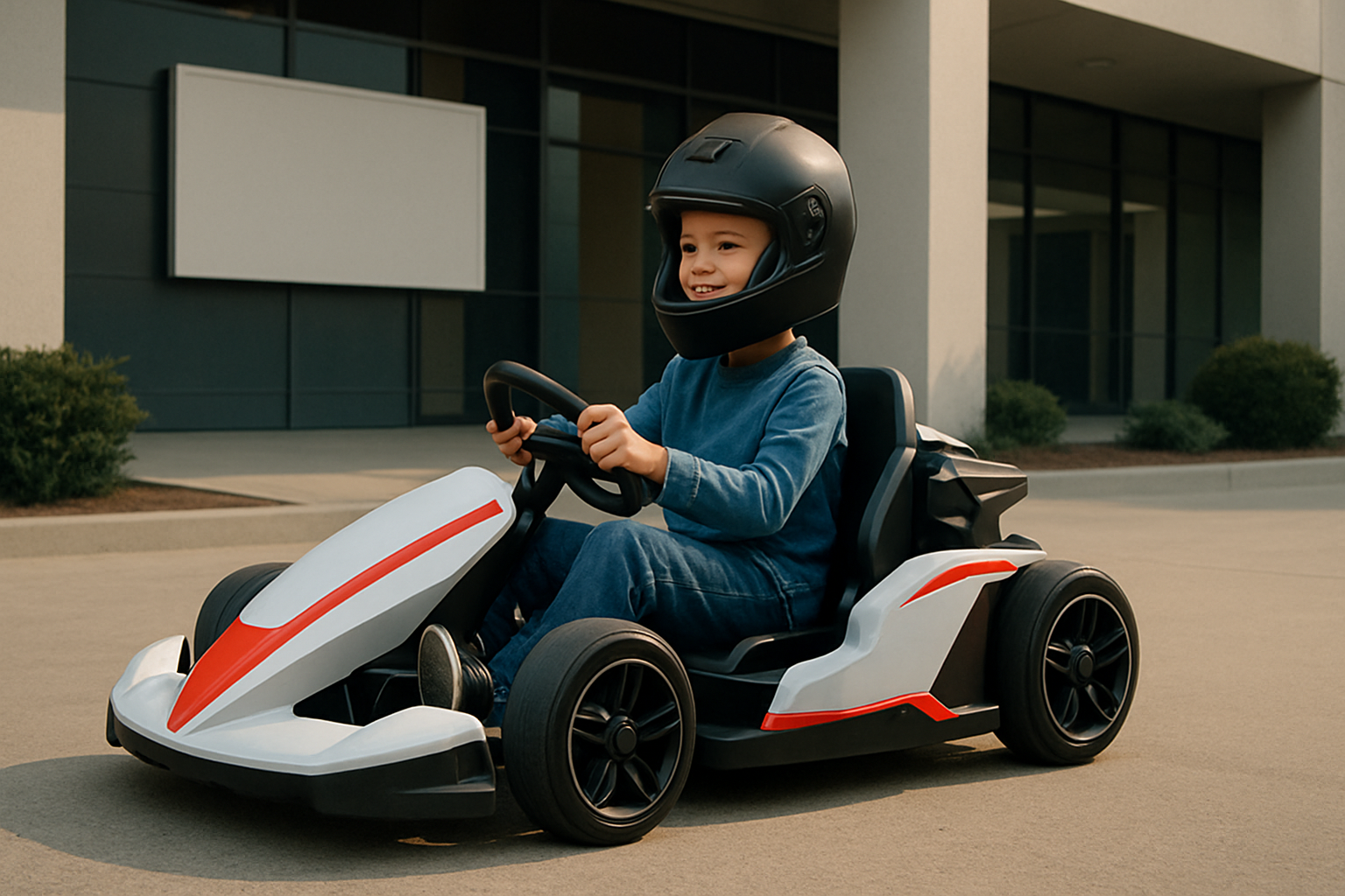 Smiling child wearing a black helmet drives a white and red go-kart with sleek black wheels on a paved surface