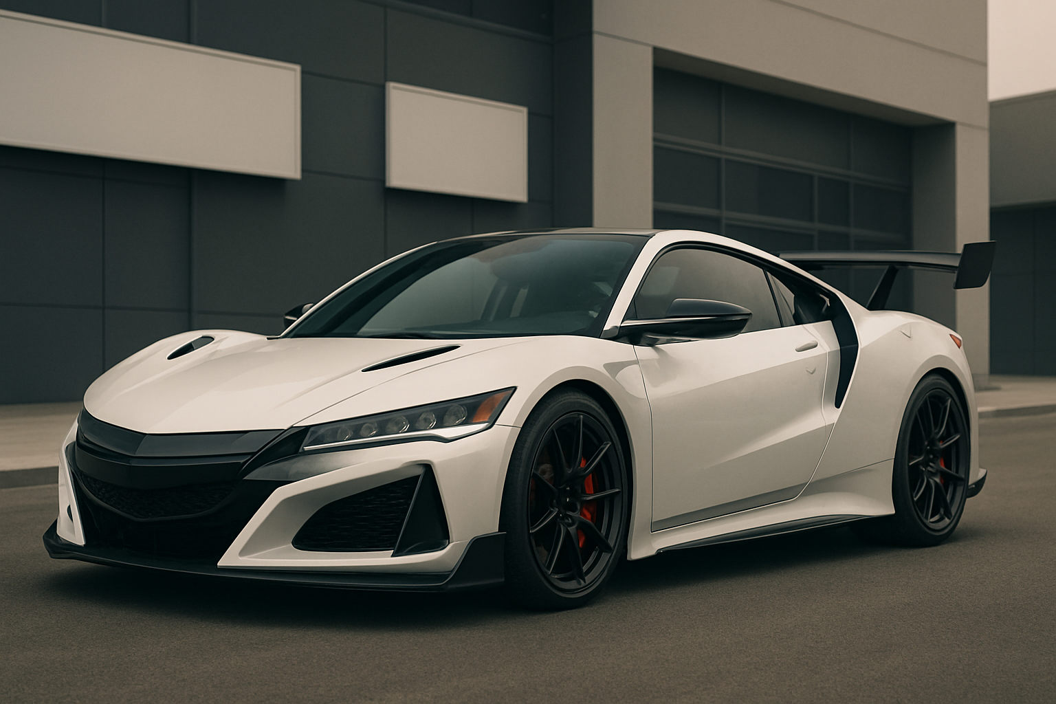 Angular white sports car with black accents, red brake calipers and large rear wing parked in front of modern grey buildings