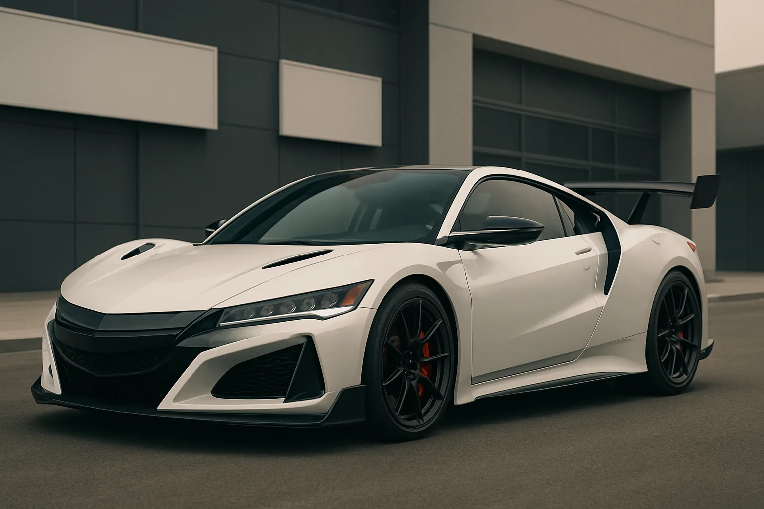 Angular white sports car with black accents, red brake calipers and large rear wing parked in front of modern grey buildings