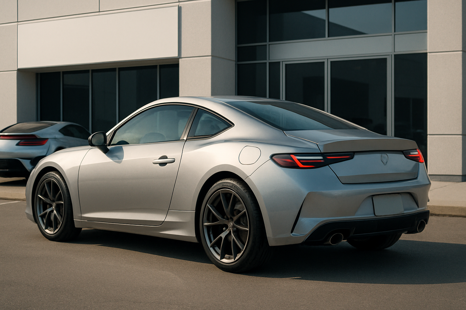 A silver coupe with black accents and sharp taillights is parked on pavement in front of a modern glass building
