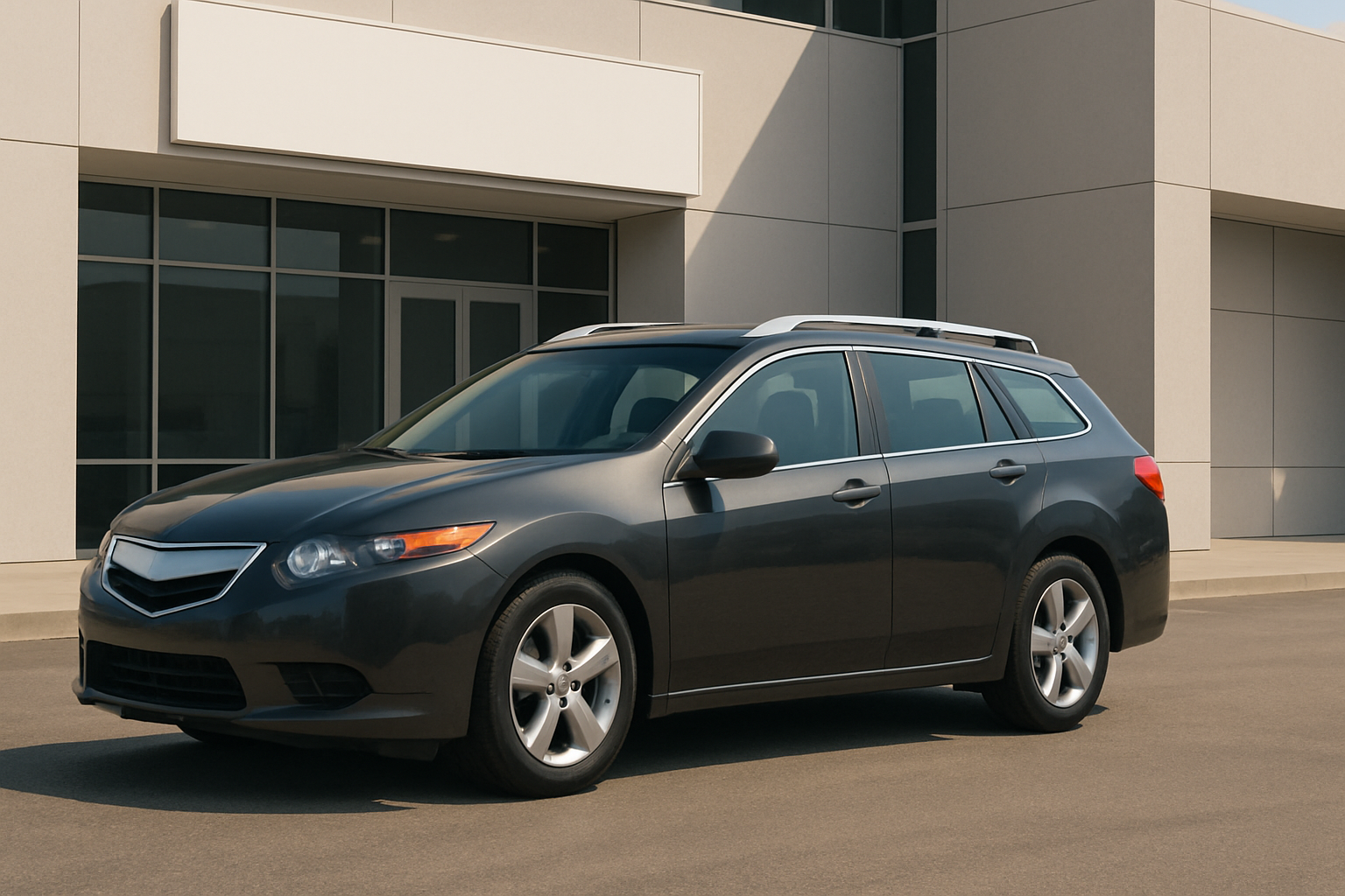 A dark gray station wagon with silver trim parked on clean pavement in front of a modern beige building under soft daylight