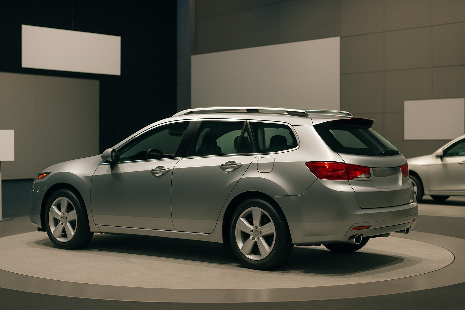A silver-gray station wagon displayed on a circular platform under soft lighting in a modern showroom with neutral walls