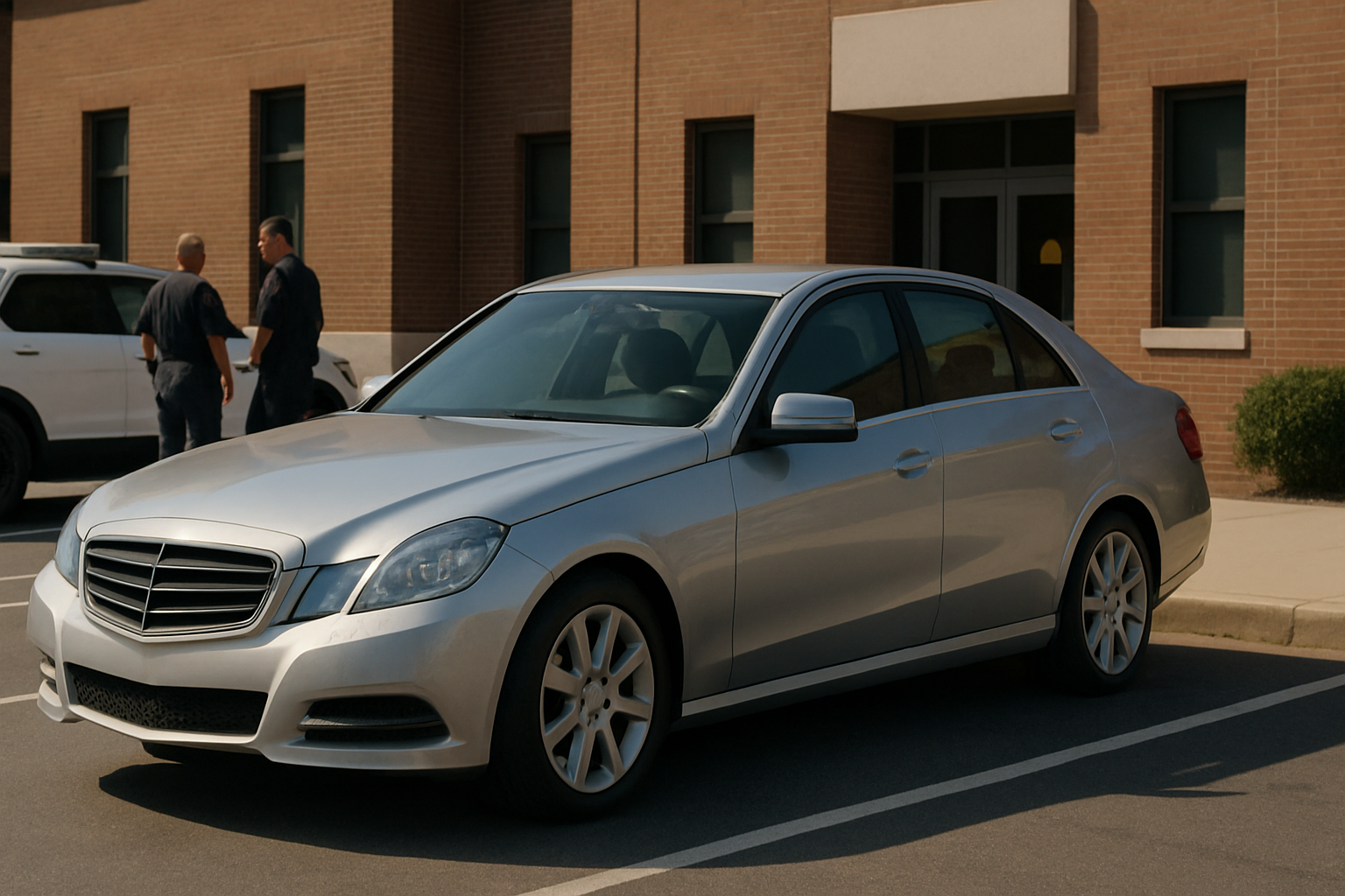 A silver sedan parked in front of a brick building with two people standing and talking near a white SUV in the background