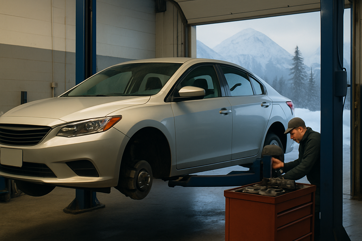 A silver sedan raised on a blue hydraulic lift inside a garage, with a mechanic working beside snowy mountains seen through an open door
