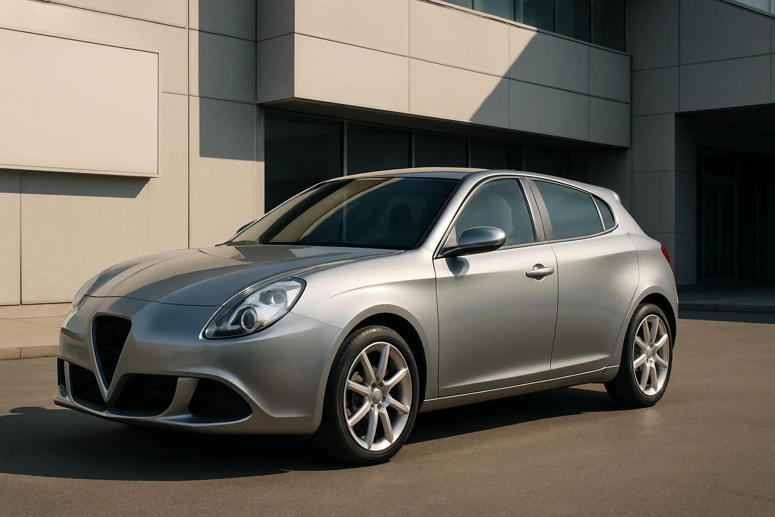 A silver hatchback with sleek curves and alloy wheels parked in front of a modern building in soft daylight