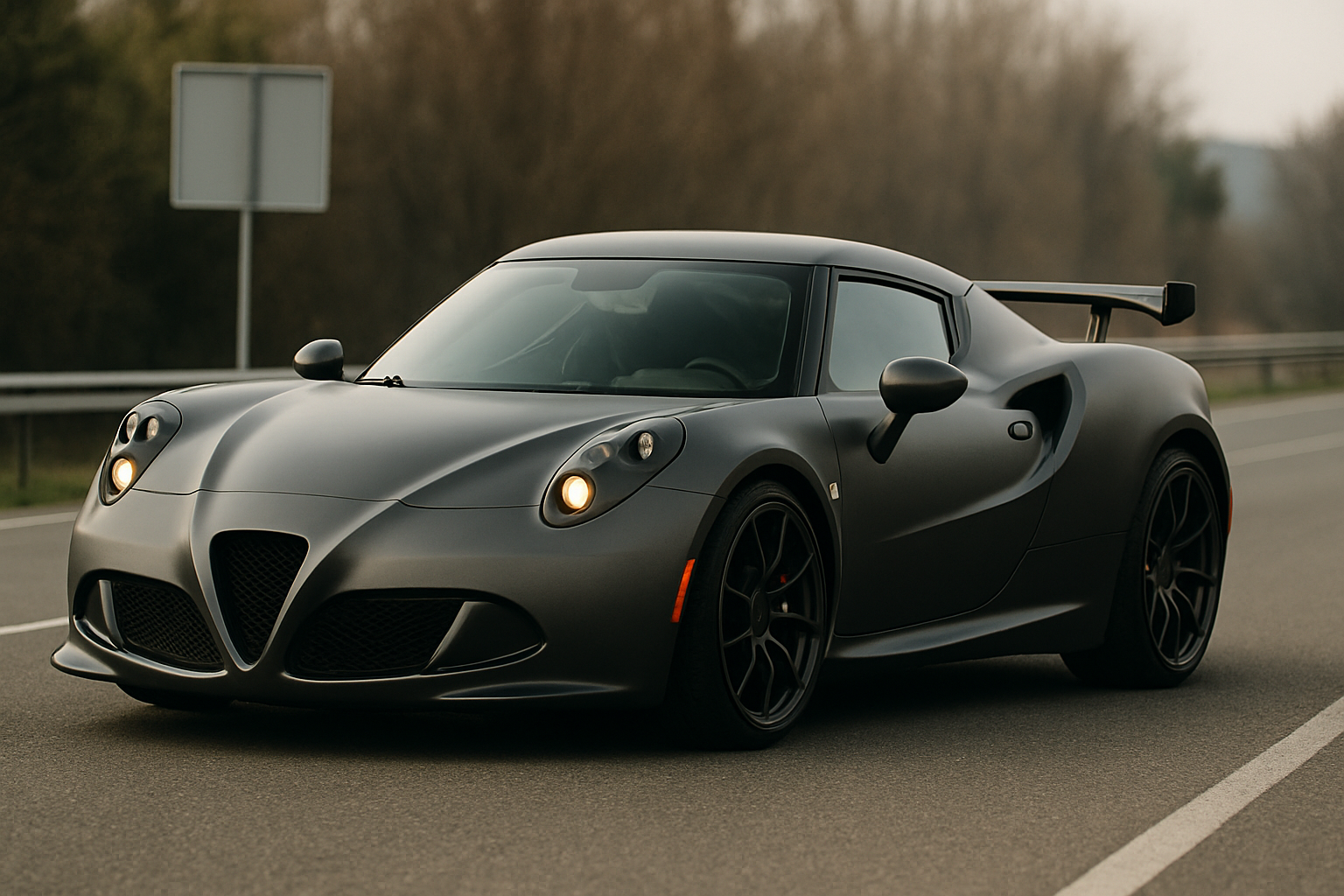 Low, matte grey sports car with rounded curves and black wheels parked on an empty road beside bare trees and a sign