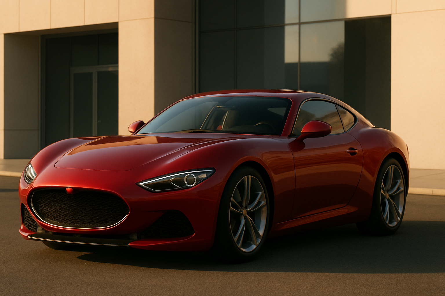 Sleek red sports coupe with sculpted curves and large alloy wheels parked in soft sunlight beside a modern building