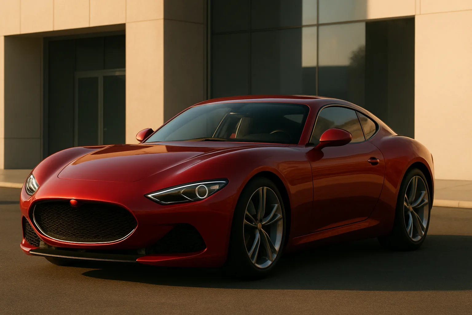 Sleek red sports coupe with sculpted curves and large alloy wheels parked in soft sunlight beside a modern building