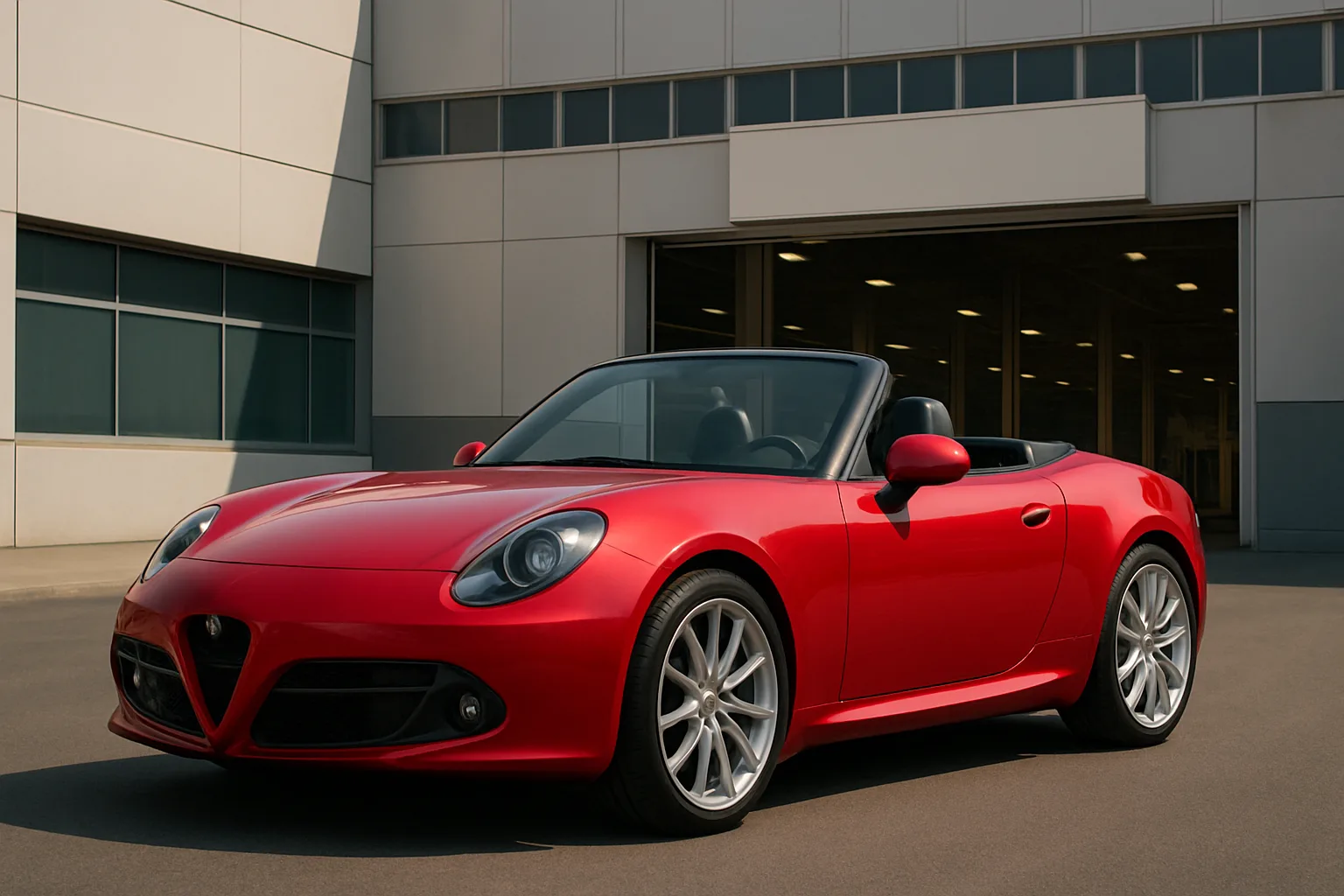 A sleek red convertible with silver alloy wheels parked on smooth pavement in front of a modern industrial building