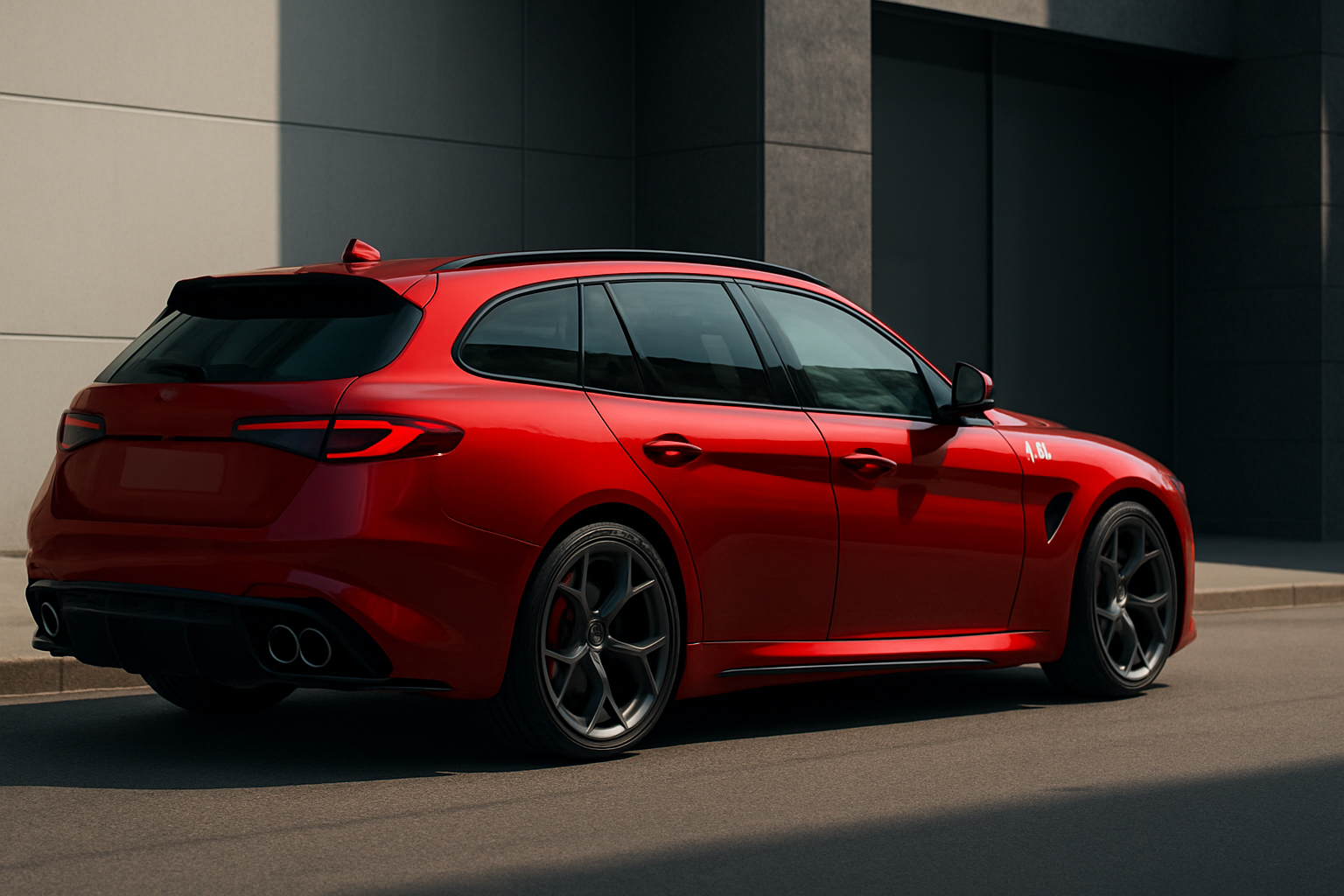 Bright red estate car with sculpted sides, blacked-out windows and large alloy wheels parked by a modern building