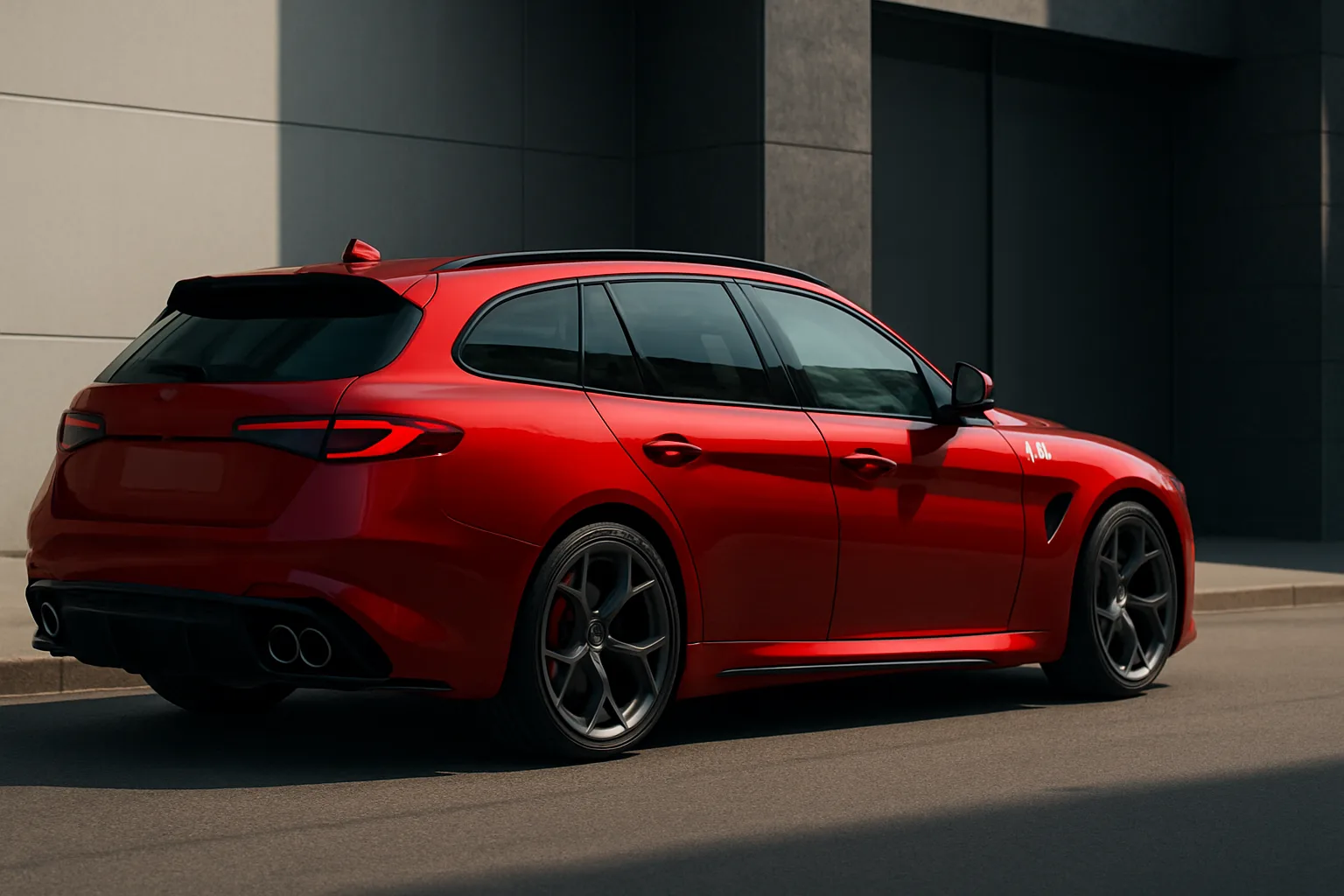 Bright red estate car with sculpted sides, blacked-out windows and large alloy wheels parked by a modern building