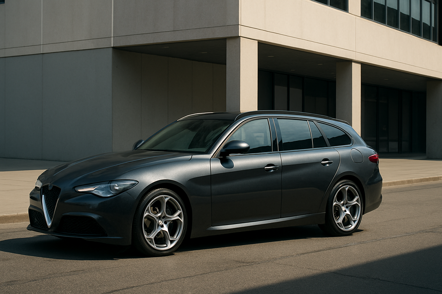 A sleek charcoal-grey station wagon with sculpted lines parked on sunlit asphalt beside a modern concrete building