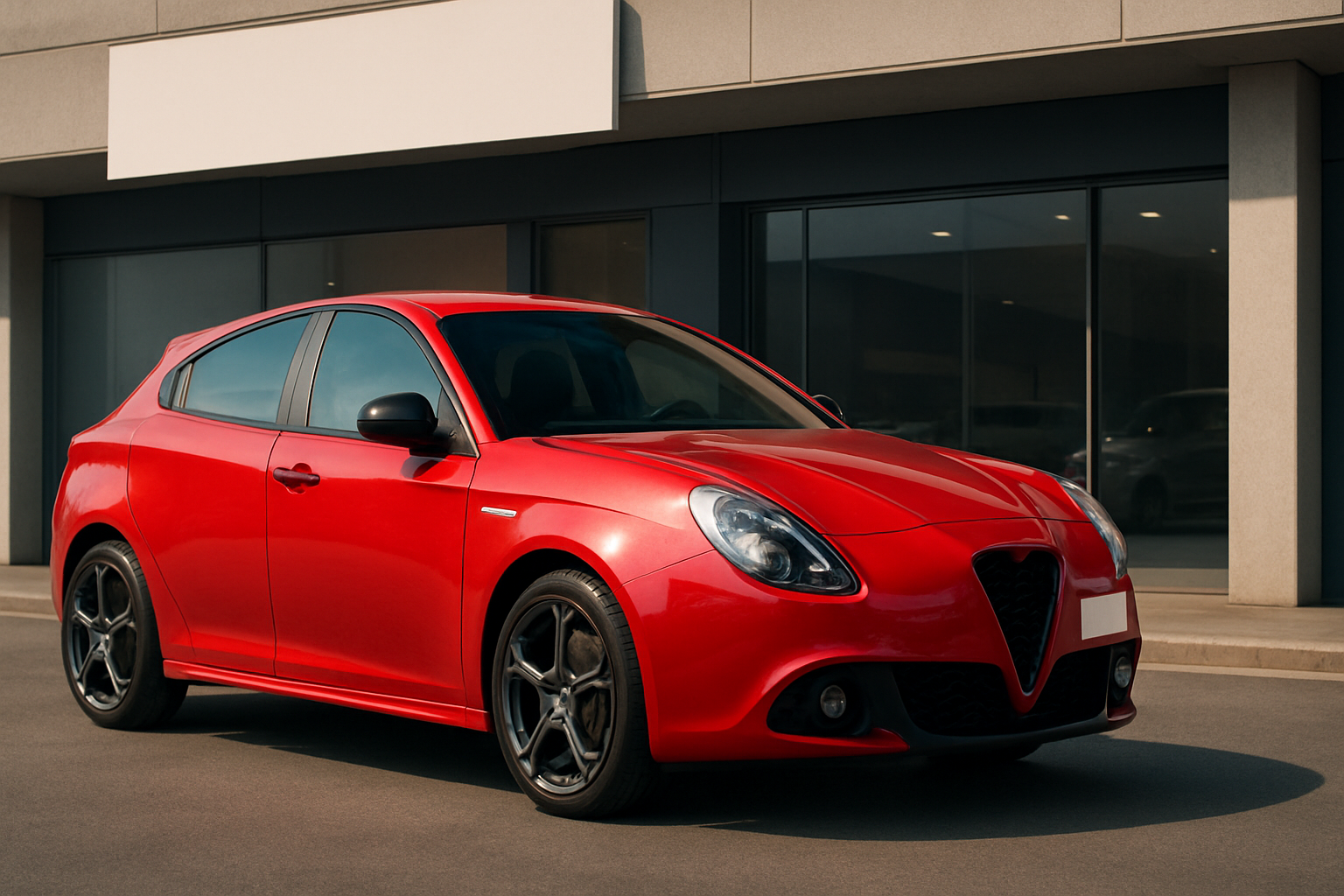 A sleek, glossy red car with black alloy wheels parked in bright daylight outside a modern glass-fronted building