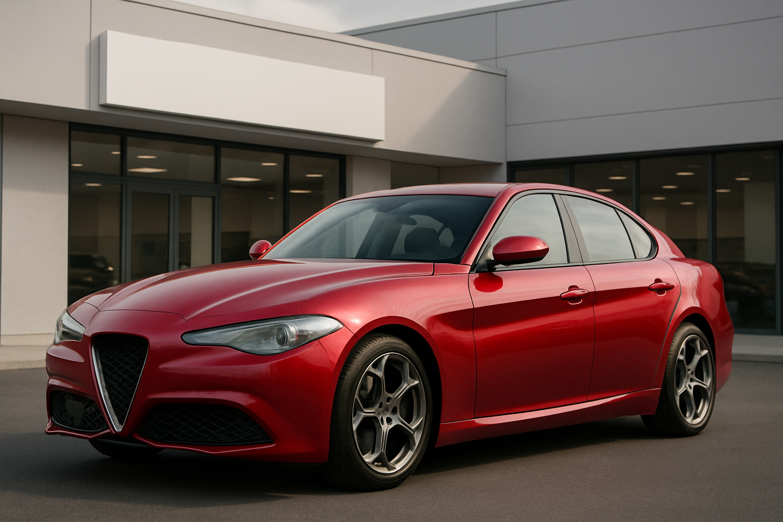 Glossy red sedan with sculpted lines parked on clean pavement in front of a modern, windowed building in soft daylight