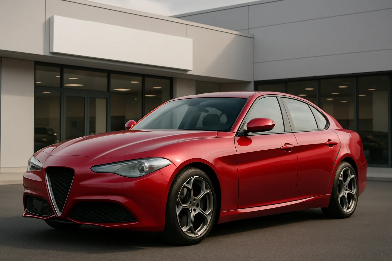 Glossy red sedan with sculpted lines parked on clean pavement in front of a modern, windowed building in soft daylight