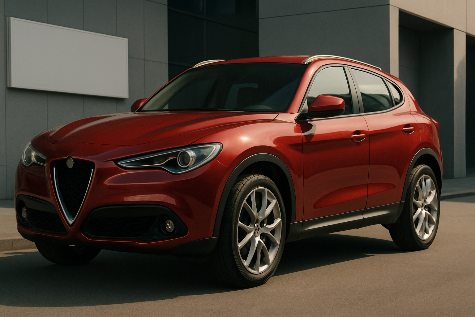 Glossy red crossover with sculpted sides, sharp headlights and silver accents parked on sunlit pavement near a modern building