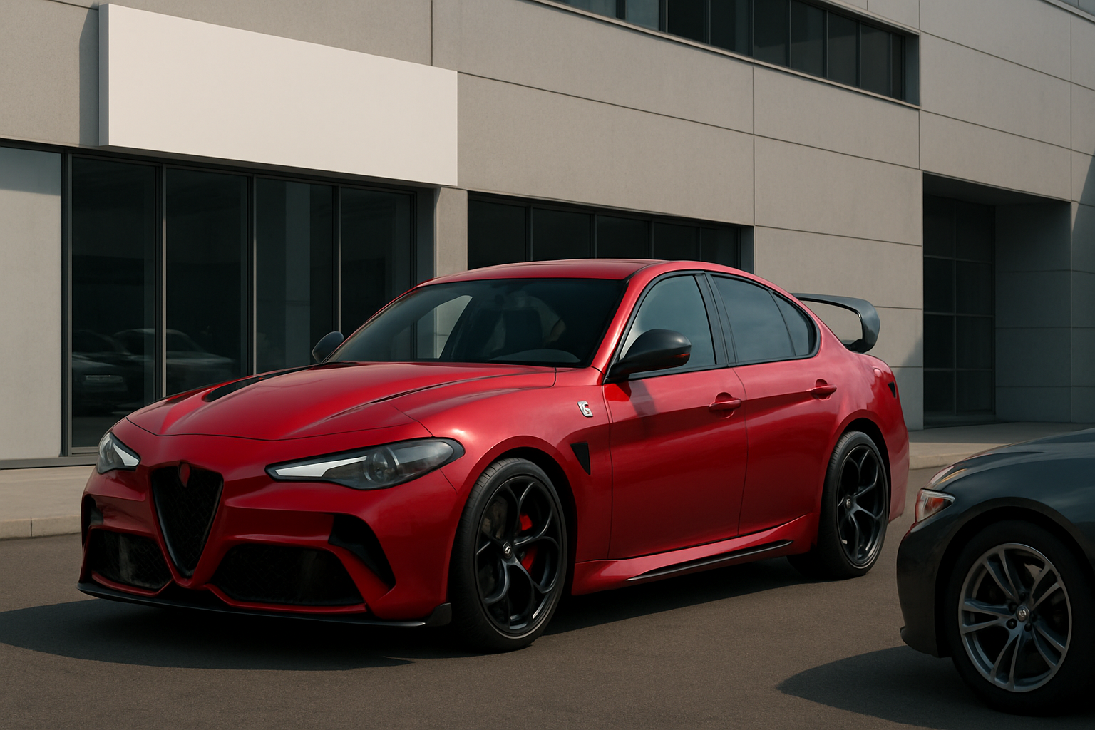 Bright red sports saloon with black wheels and prominent rear wing parked on a sunlit street beside a white modern building