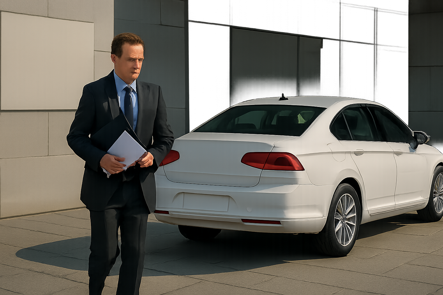 A man in a dark suit holding documents walks past a white sedan parked beside a modern, light-grey building in bright daylight