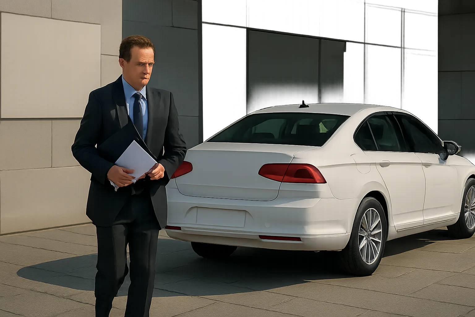 A man in a dark suit holding documents walks past a white sedan parked beside a modern, light-grey building in bright daylight