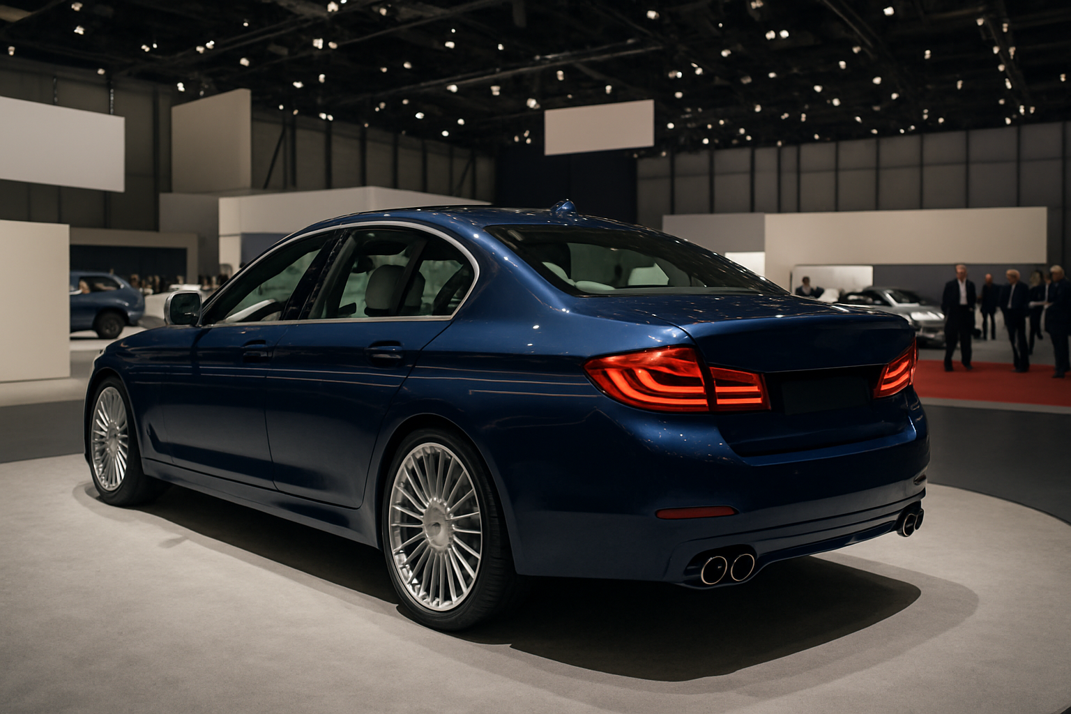 Dark blue sedan with distinctive alloy wheels and quad exhaust parked on a light circular platform under exhibition lighting