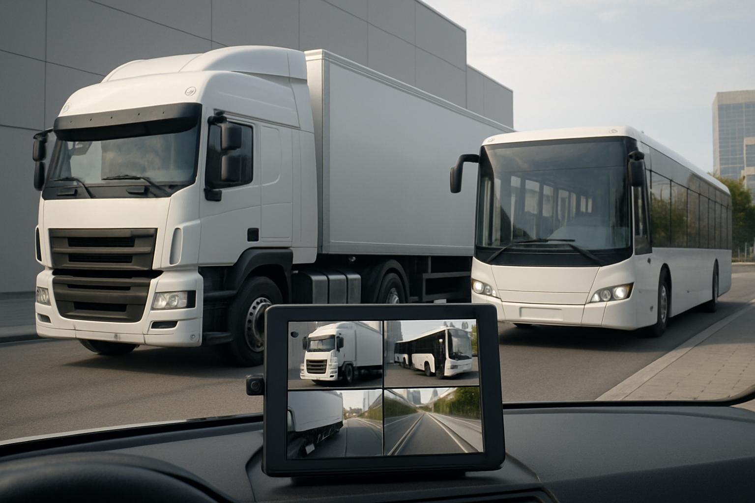 Large white truck and bus pass each other on a city street, with a dashboard screen displaying four camera views in the foreground