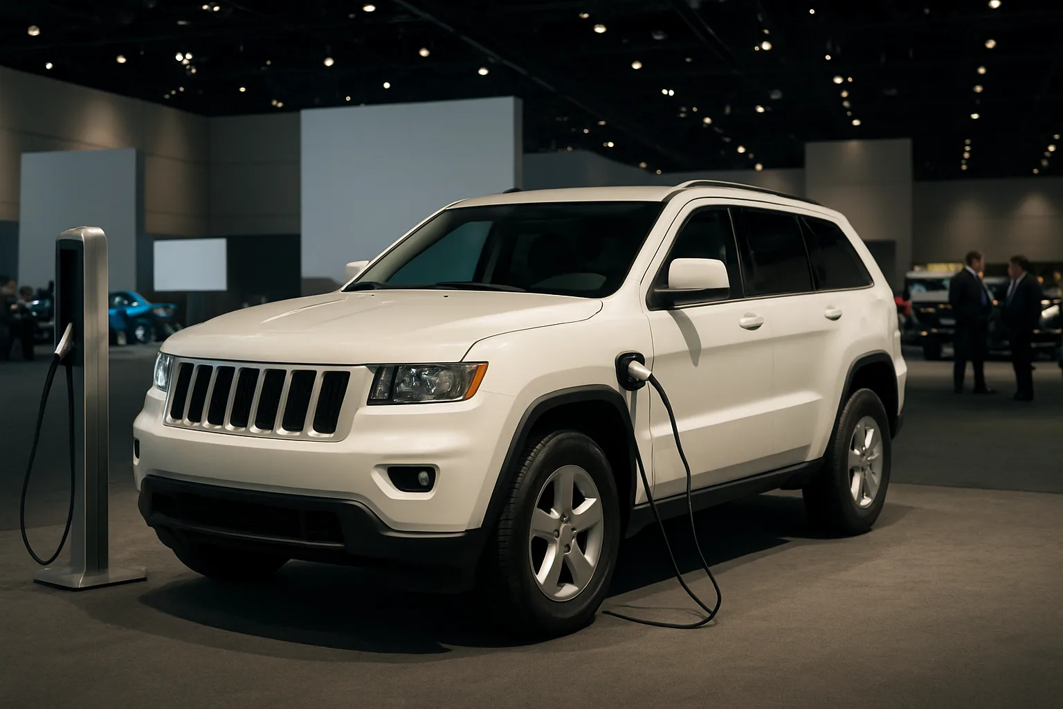 A white SUV with clean lines is plugged into a charging station on a spacious, softly lit showroom floor