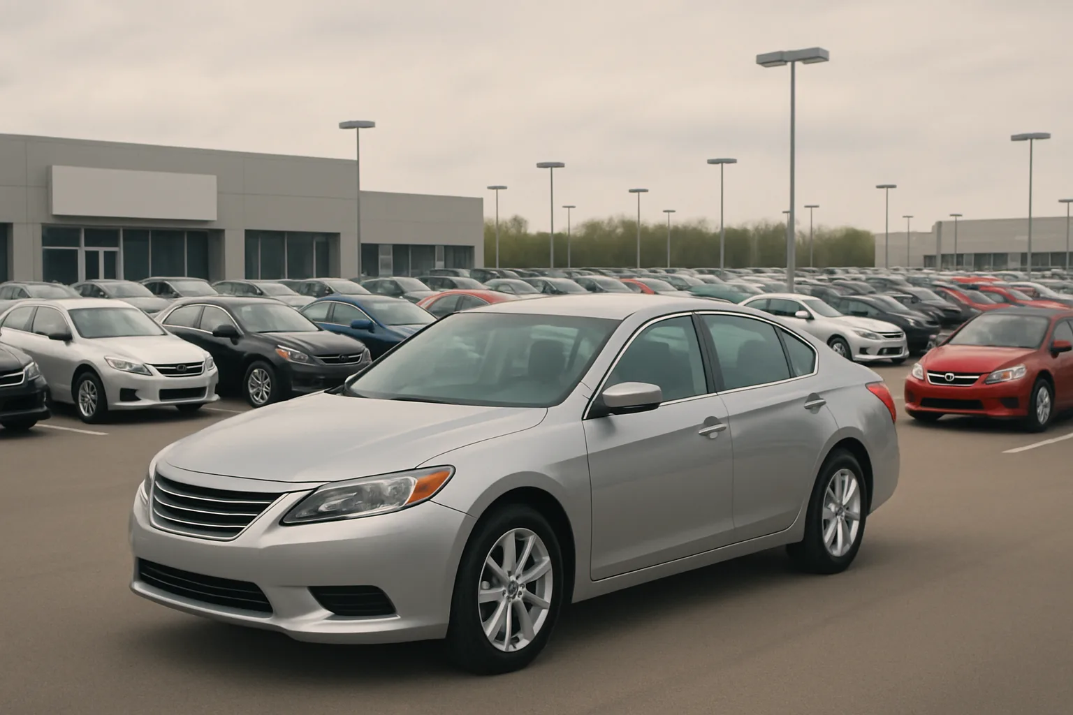 A silver sedan parked on a wide lot among many rows of cars beneath an overcast sky, with a dealership building in the background