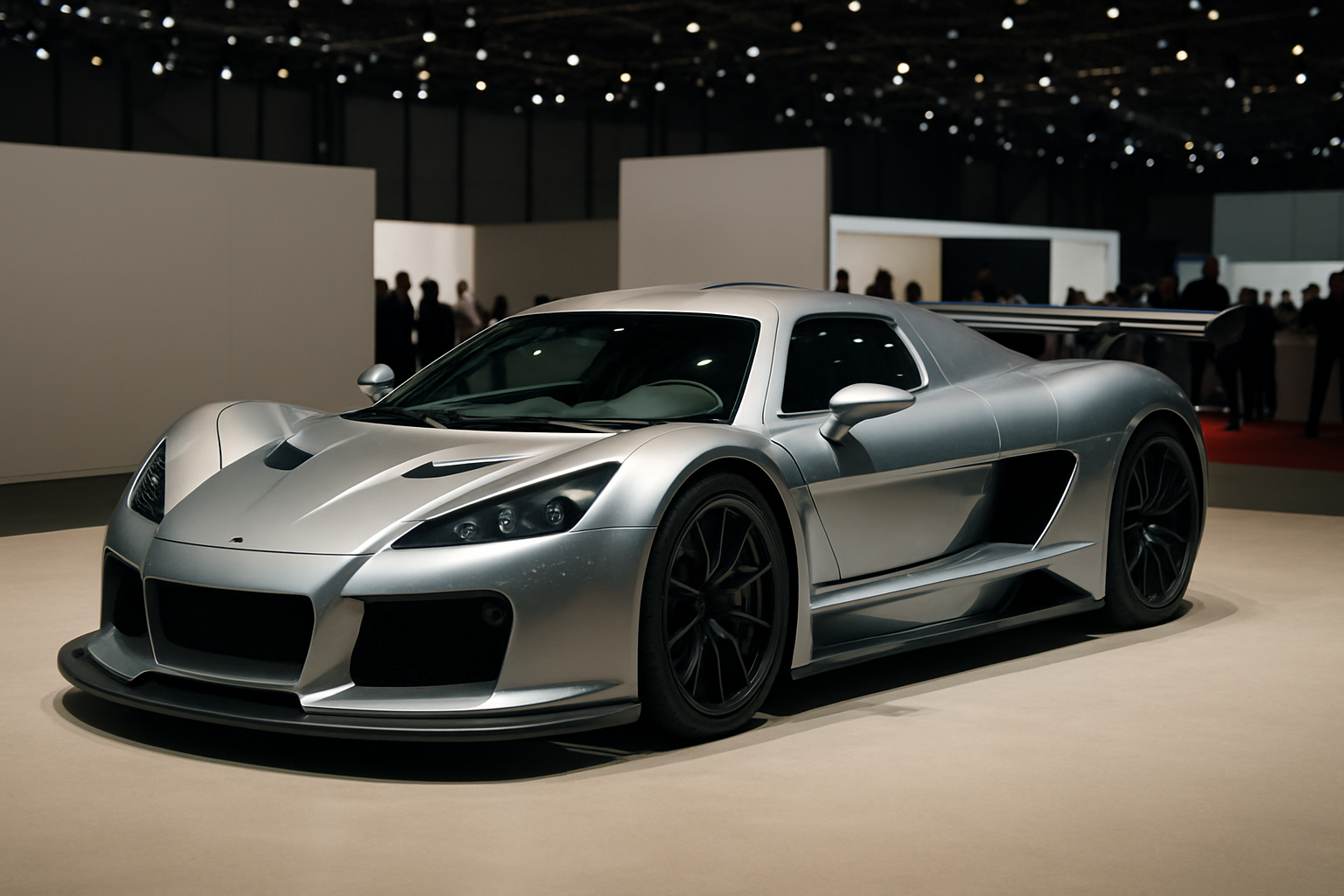 Low-slung silver supercar with sculpted bodywork and black accents displayed under bright lights on a showroom floor