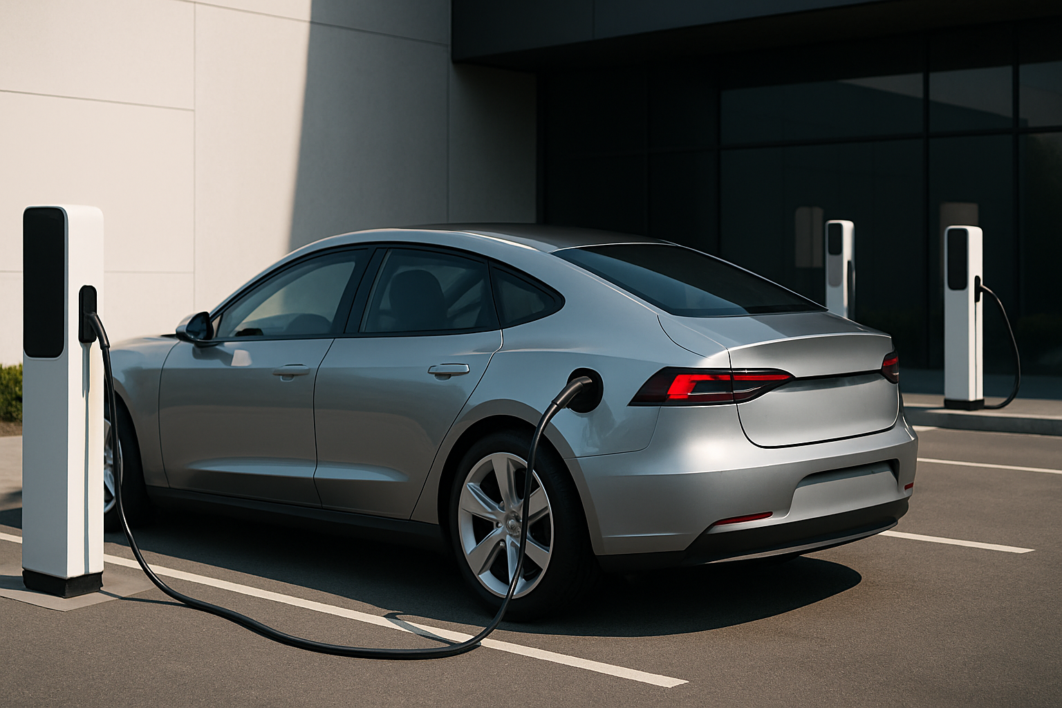 Sleek silver car parked beside two white and black charging stations in a sunlit, modern parking lot