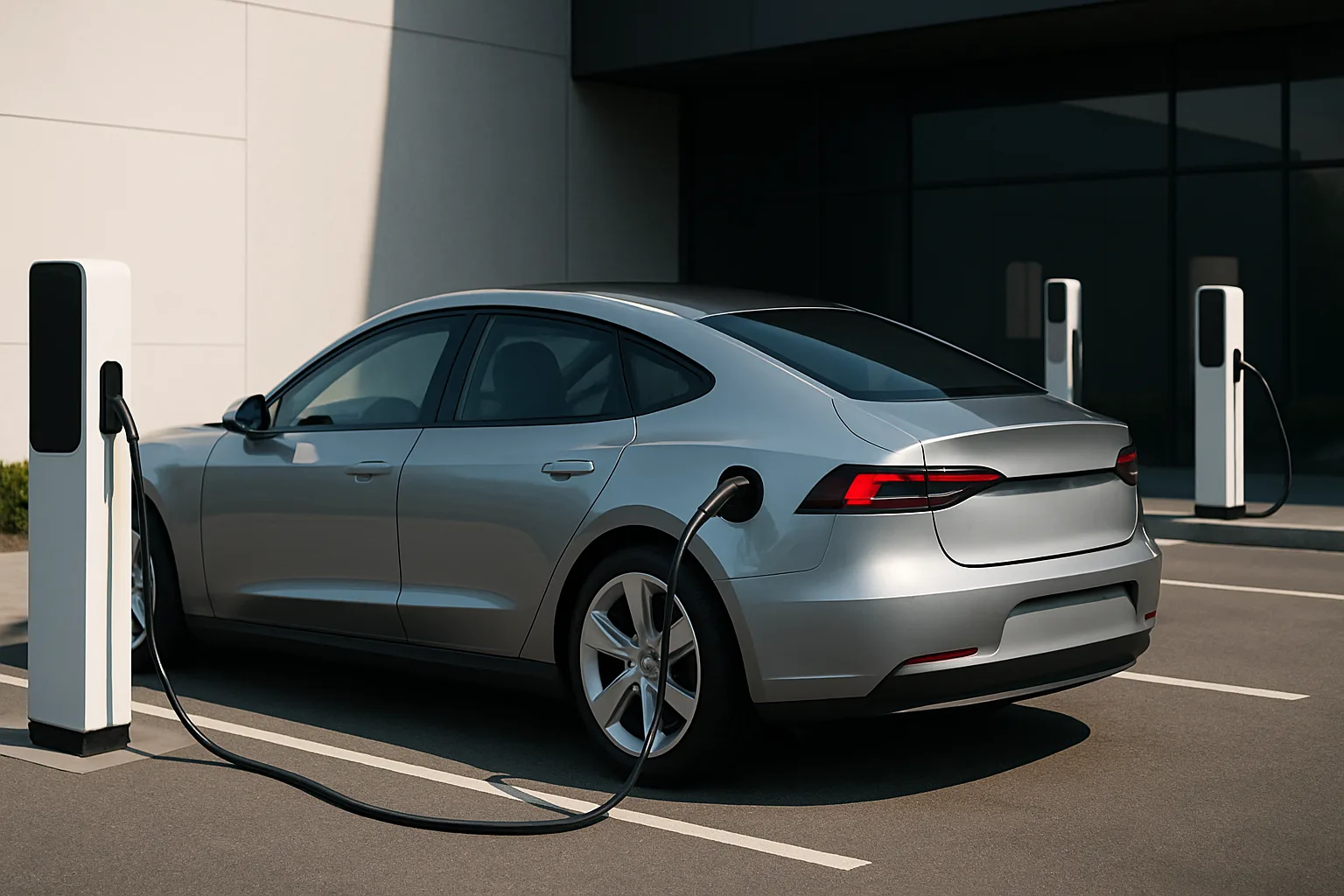 Sleek silver car parked beside two white and black charging stations in a sunlit, modern parking lot