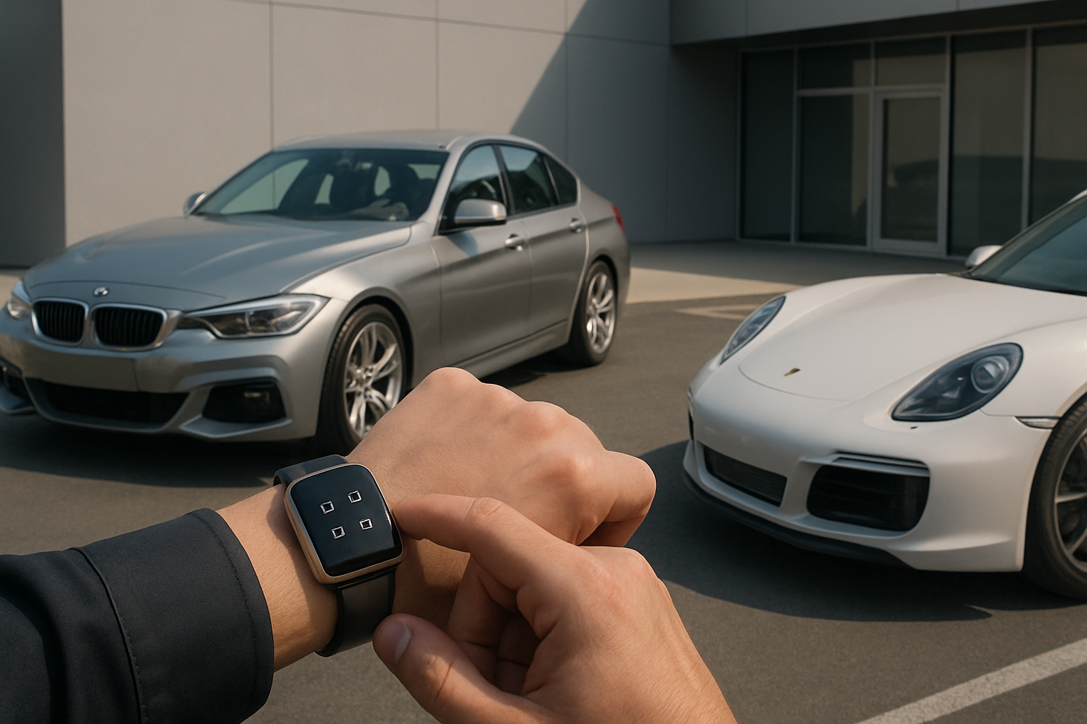 A person’s hand wearing a black smartwatch with four blank app icons, framed against two parked silver and white cars in sunlight