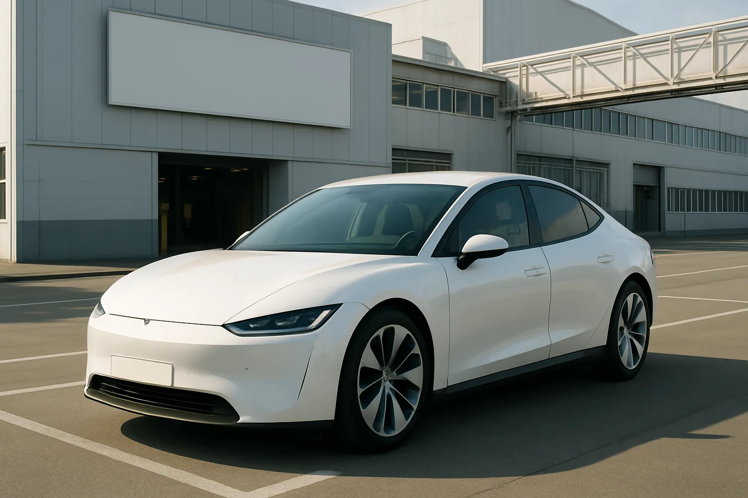 Sleek white sedan with black trim parked on sunlit concrete in front of modern grey industrial buildings