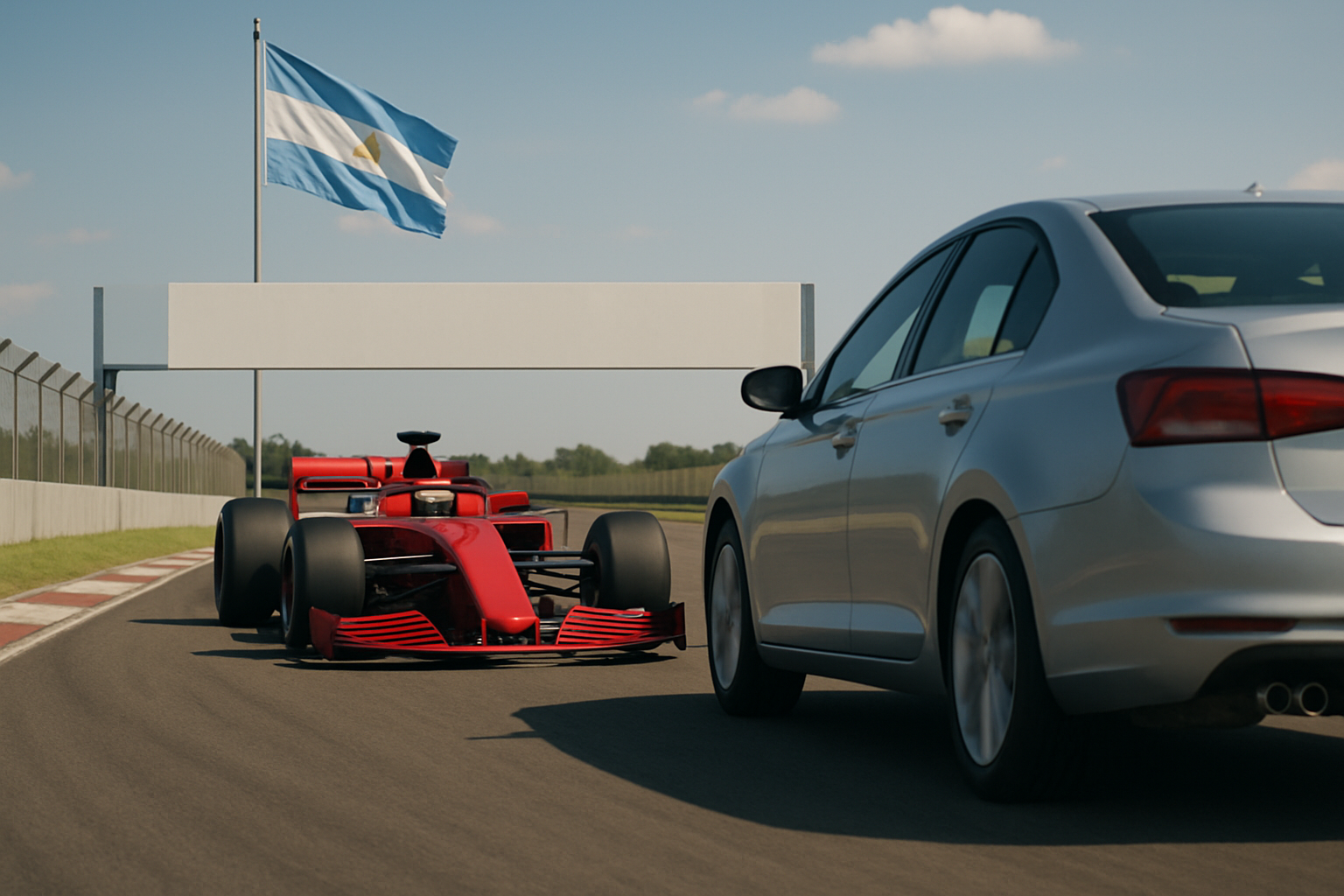 A bright red race car and a silver sedan driving on a racetrack beneath a large Argentine flag in sunlight