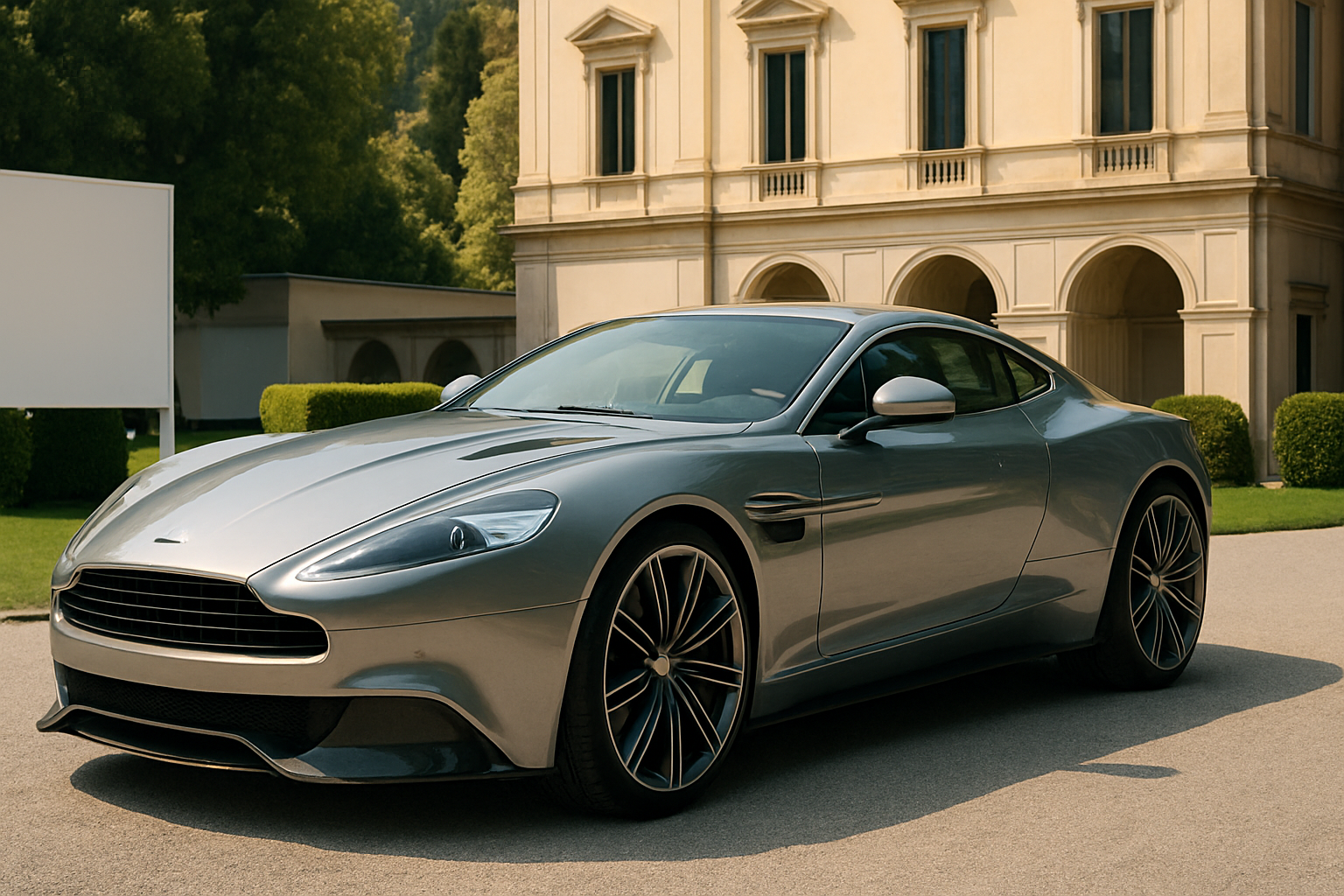 A sleek silver coupe with sculpted lines and black alloy wheels parked in sunlight before an elegant cream villa