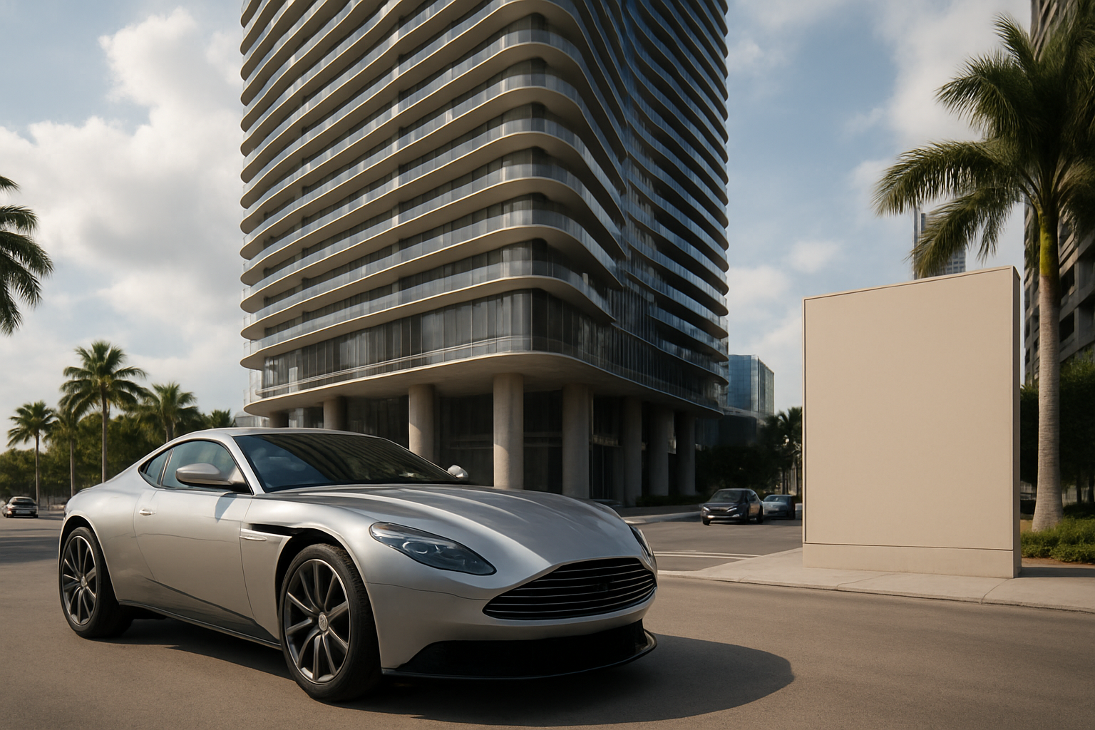 Curved modern tower with glass balconies rises behind a silver coupe on a sunlit street lined with palm trees and greenery