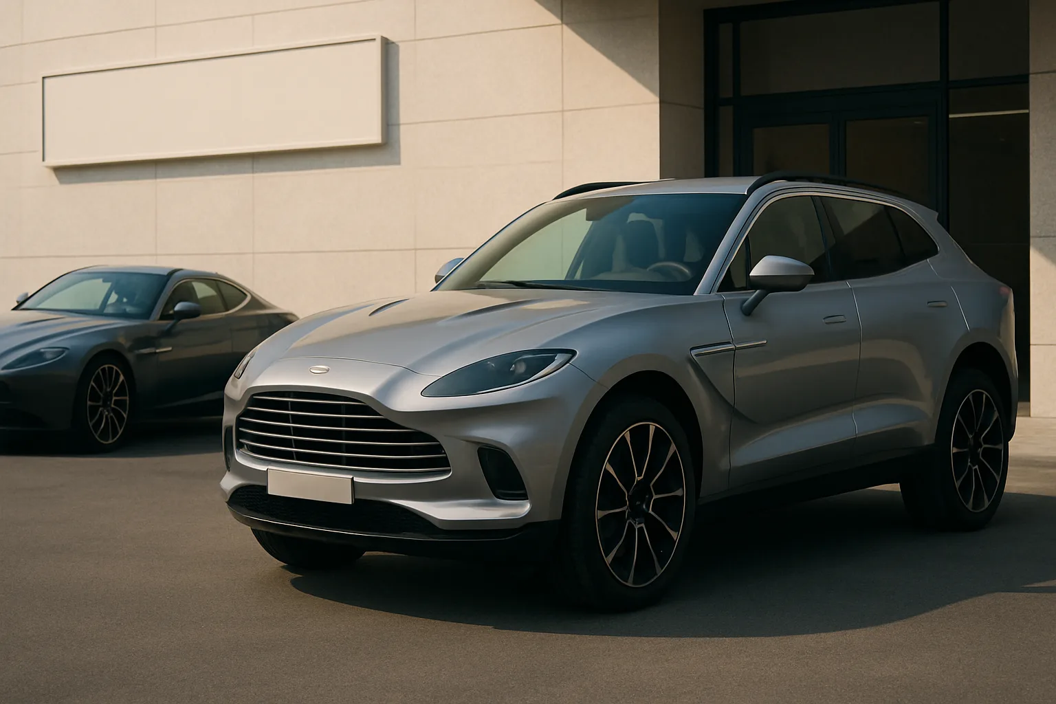 Silver SUV and silver sports coupe parked beside a modern light stone building, sunlight casting soft shadows on smooth surfaces