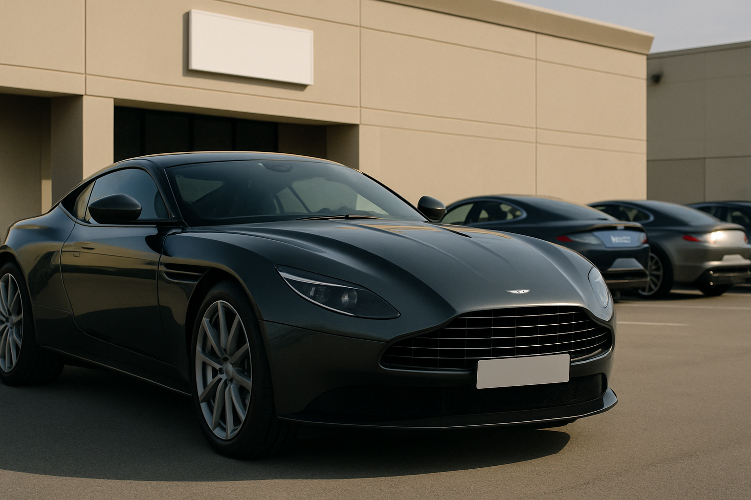 A row of sleek, dark-colored sports cars parked diagonally outside a beige modern building under soft daylight