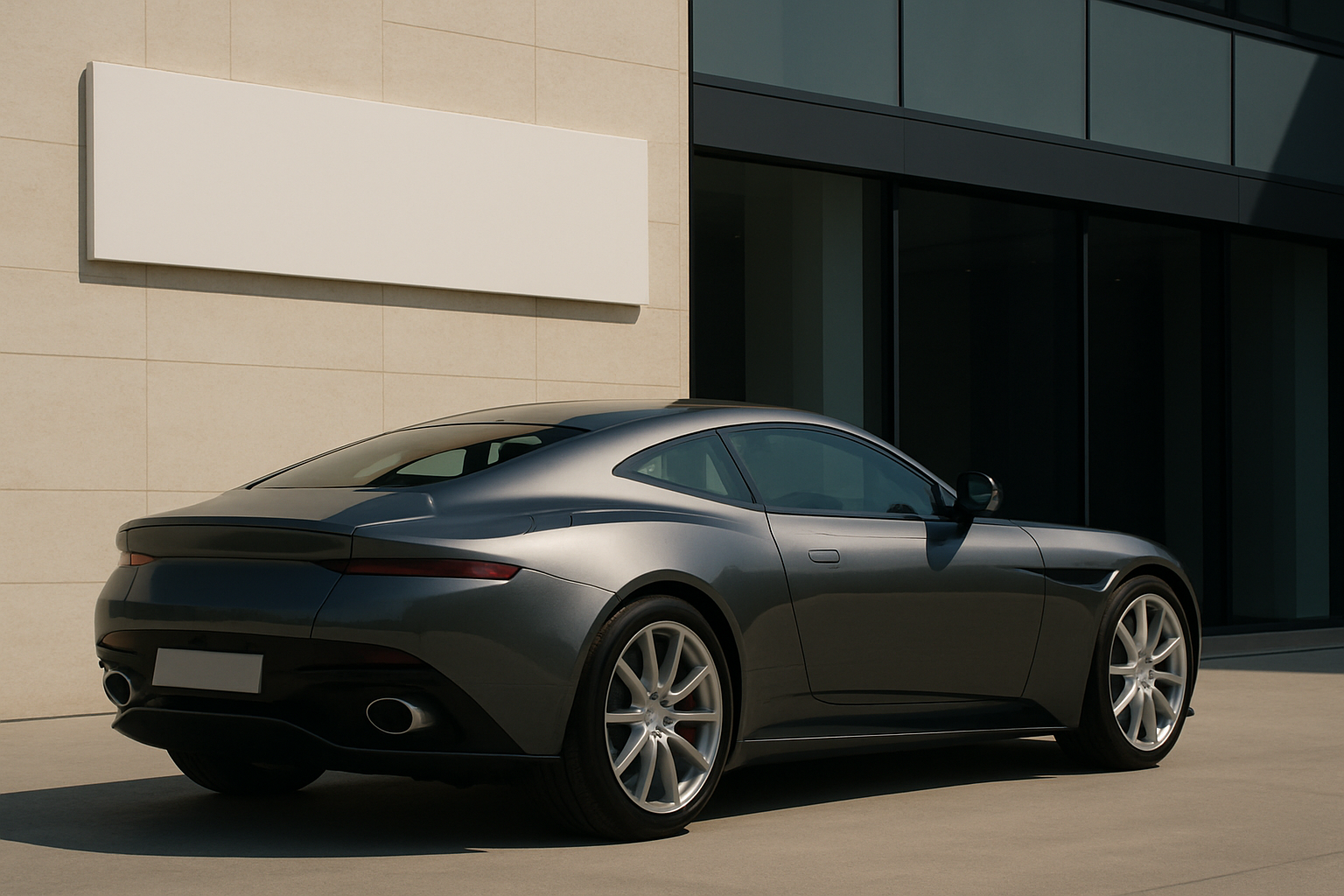 Sleek metallic grey sports coupe parked outside a modern glass building with a blank white sign on the wall