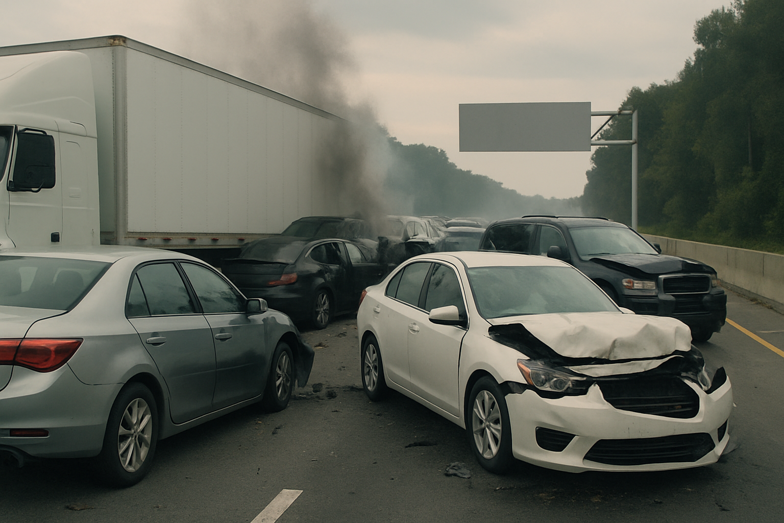 Multiple damaged cars and a large truck block several lanes on a hazy highway, with smoke rising in the background